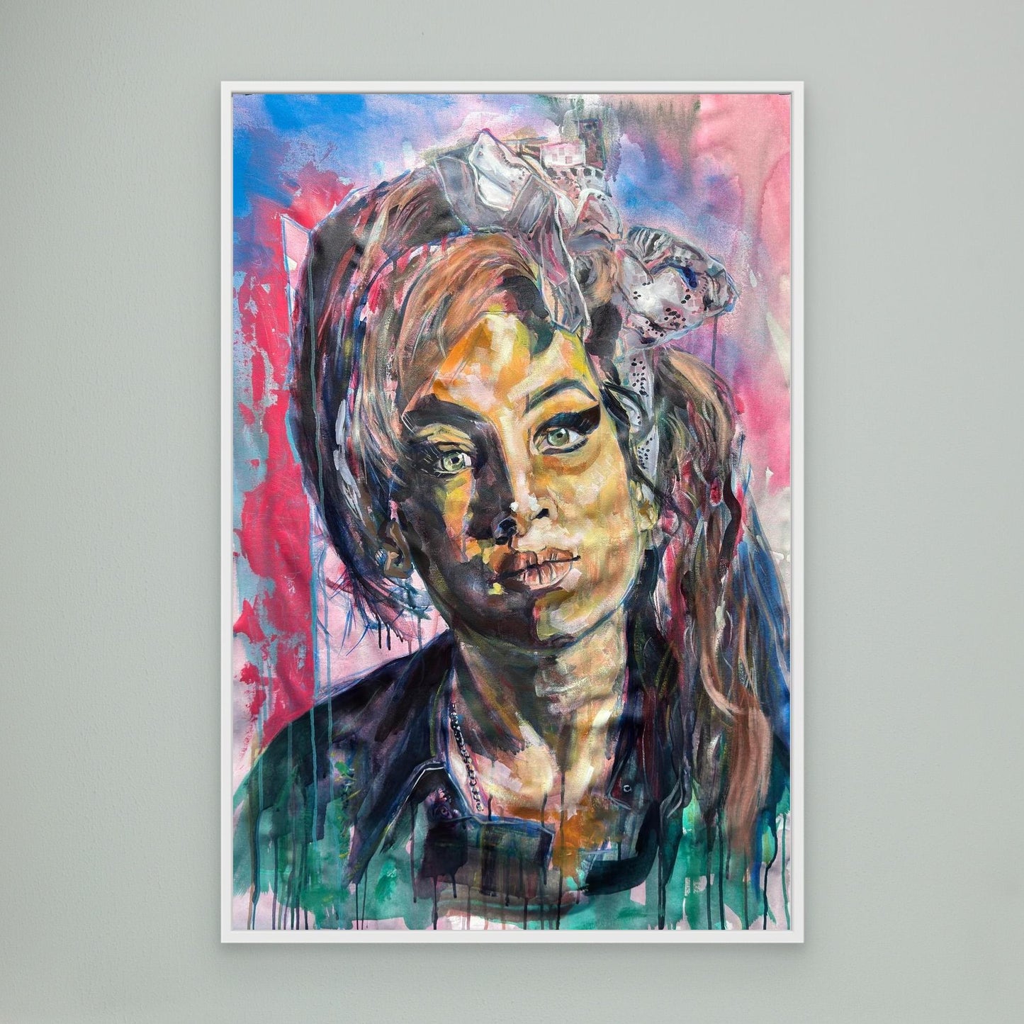 AMY WINEHOUSE 2 canvas print with white frame displayed on wall
