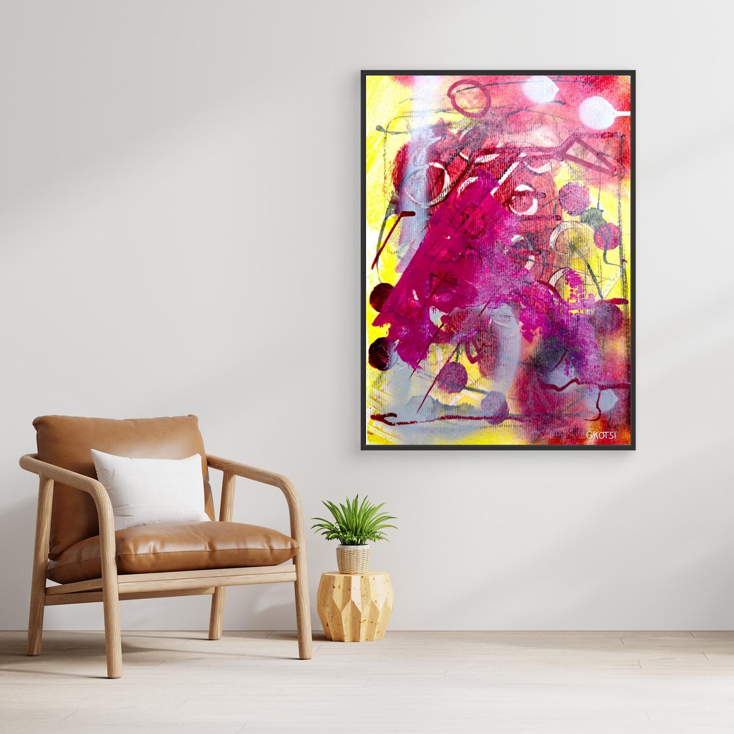 MORGENSTUNDE Abstract Canvas Print displayed above decorative plant and modern chair in minimalist interior
