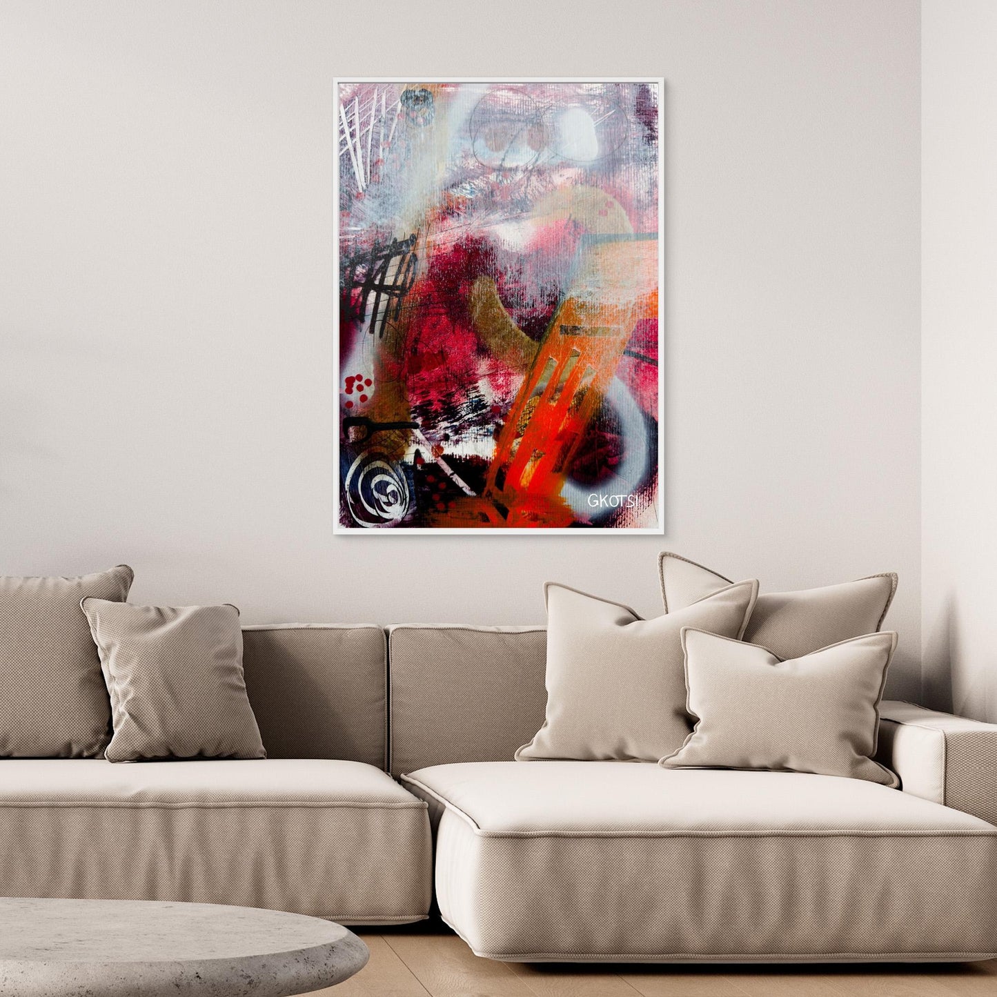 FEUER Abstract Canvas Print hanging above beige sofa in stylish interior setting