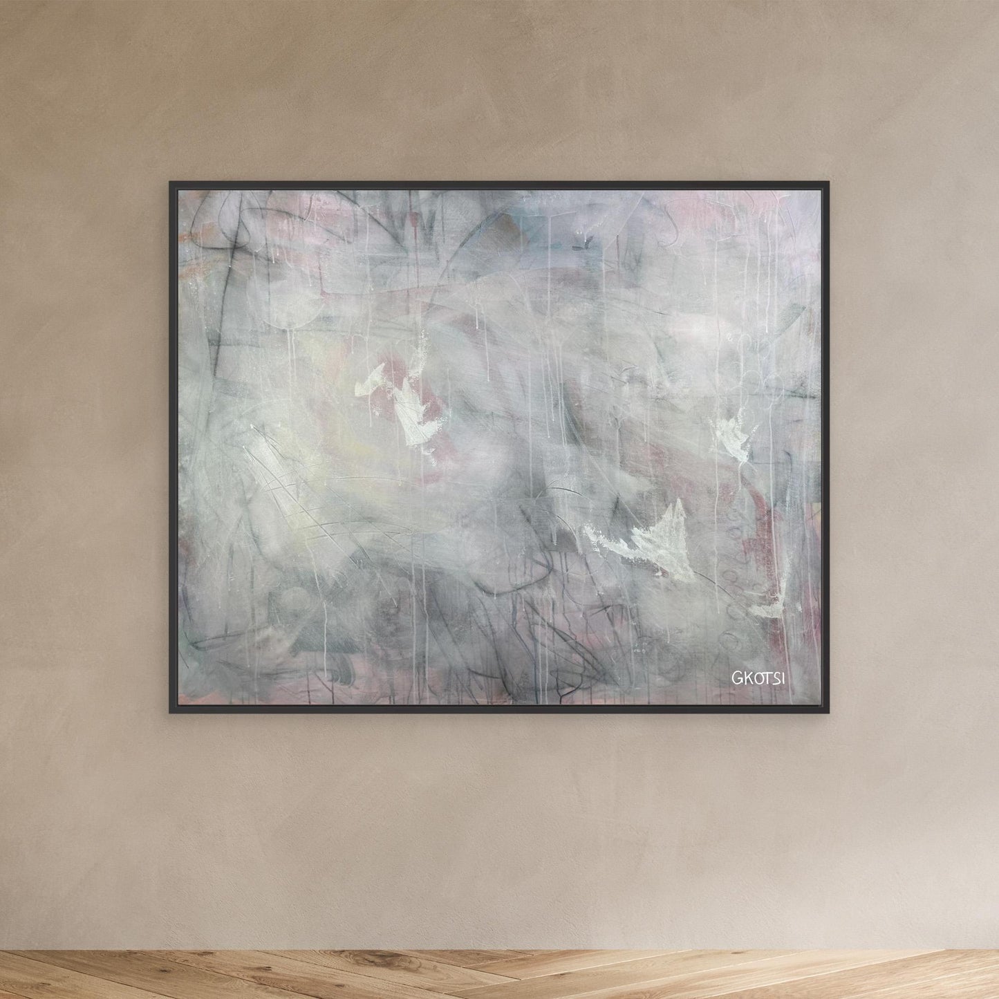 CALM Canvas Print with black frame creating peaceful atmosphere - relaxing living room ambience