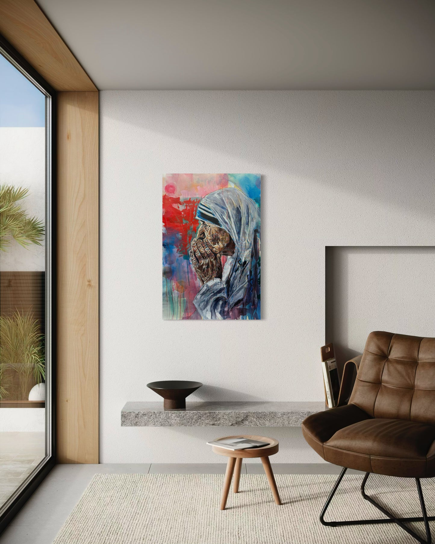 Mother Teresa Portrait Original Painting in living room corner looking out the window