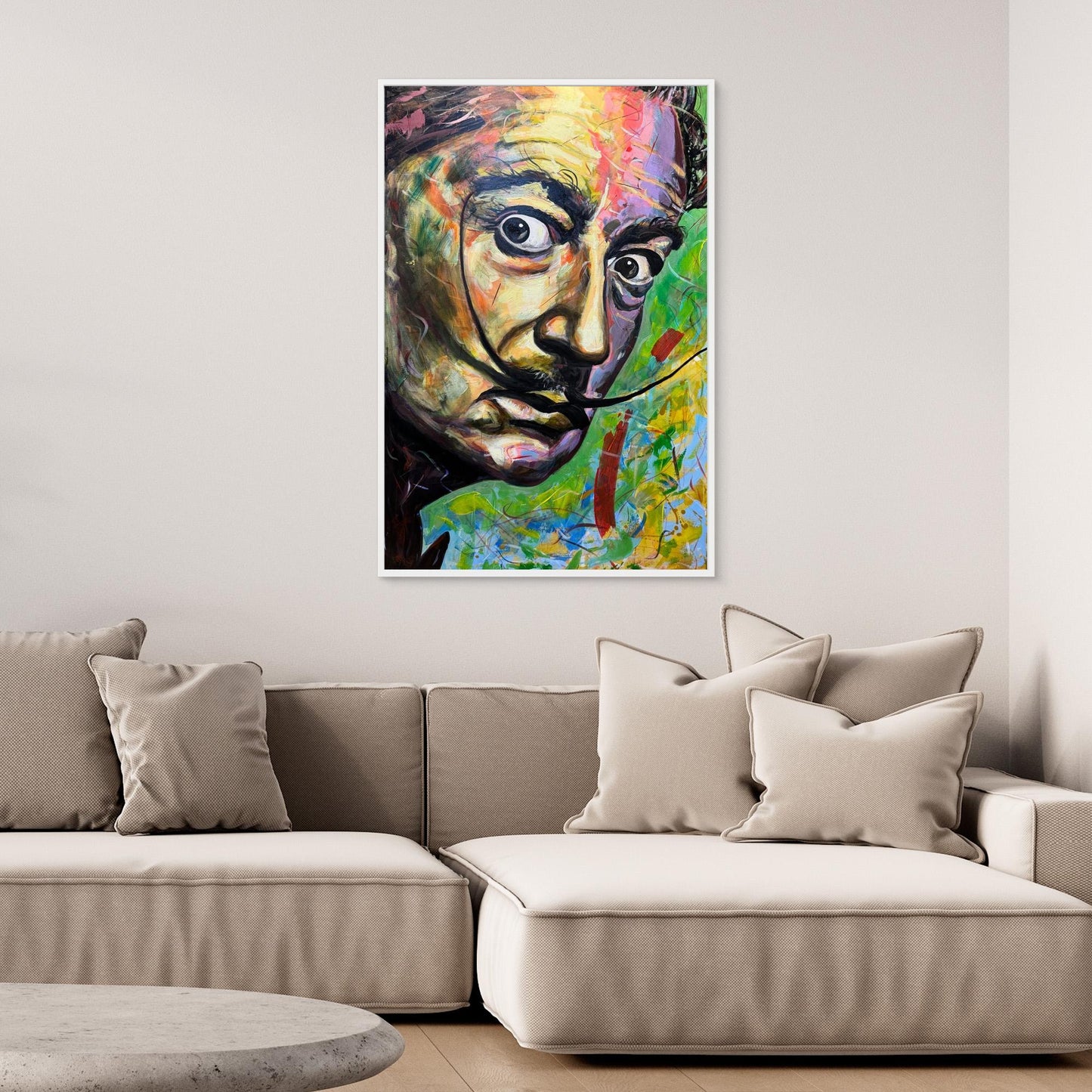 SALVADOR DALI canvas print mounted above beige sofa in contemporary setting