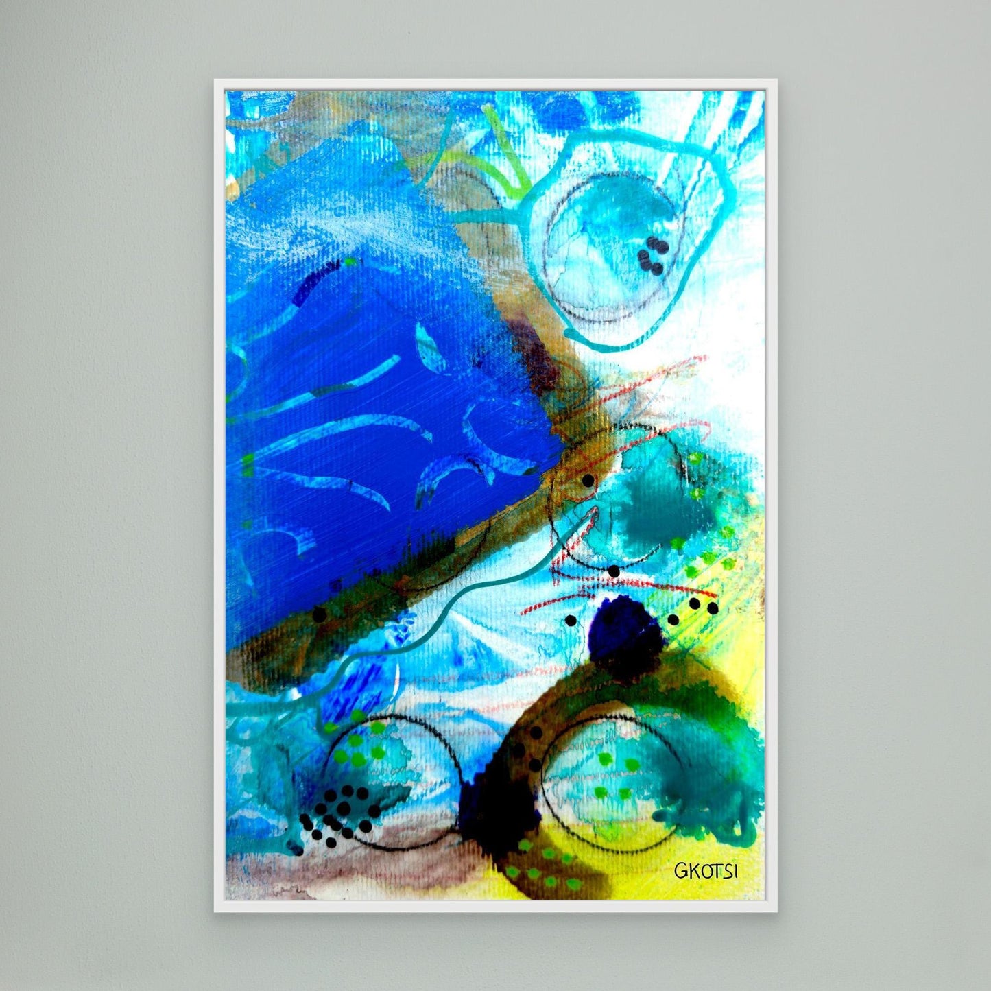 UNTER WASSER Abstract Canvas Print with white frame displayed on modern gray wall