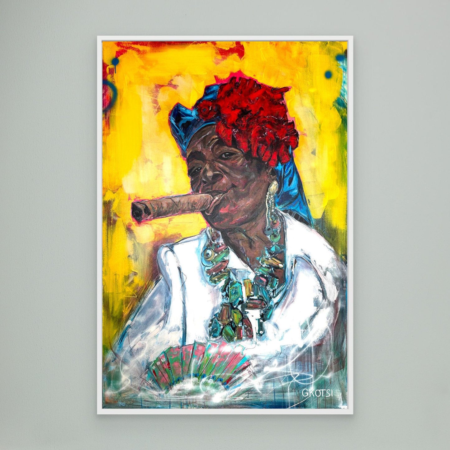 CUBAN WOMAN WITH CIGAR Canvas Print by Elena Gkotsi displayed on modern gray wall