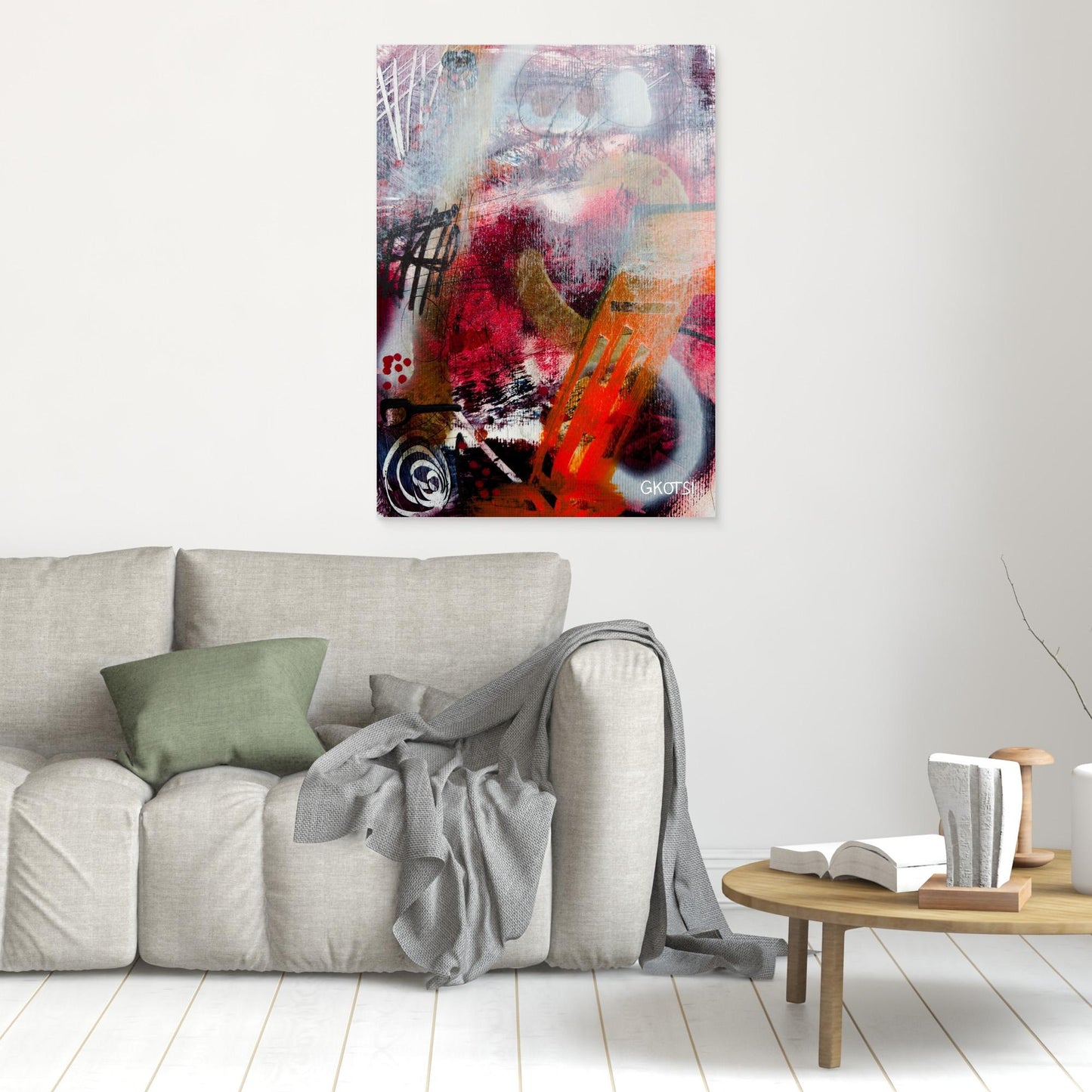 FEUER Abstract Canvas Print artwork positioned above sofa creating bold focal point in modern living space