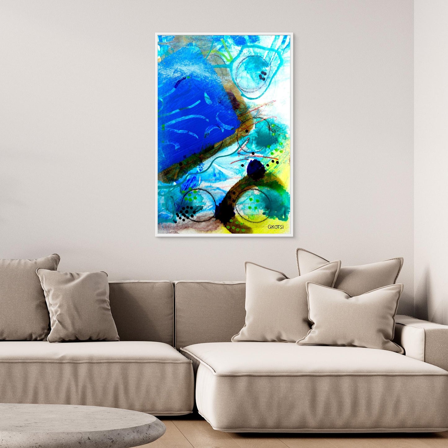 UNTER WASSER Abstract Canvas Print hanging above beige sofa in stylish interior setting