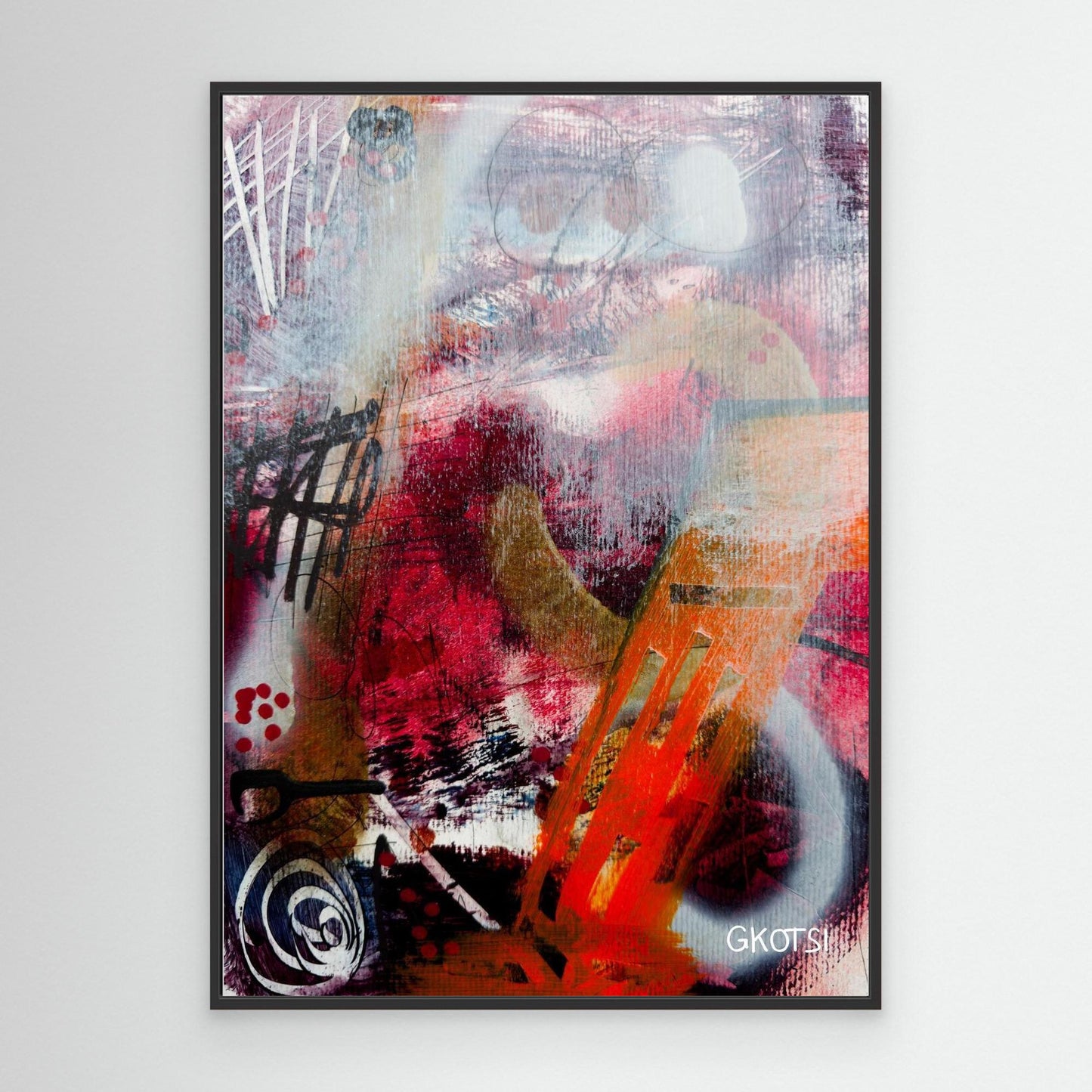 FEUER Abstract Canvas Print with black frame displayed on modern white wall