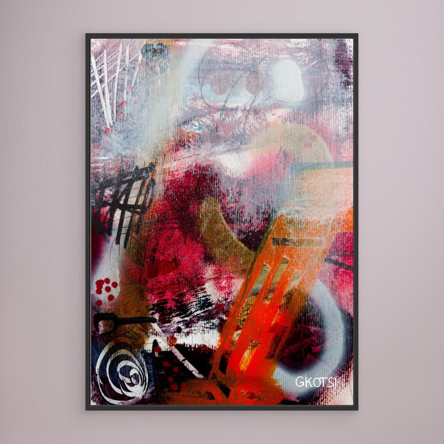 FEUER Abstract Canvas Print with black frame displayed on modern gray wall