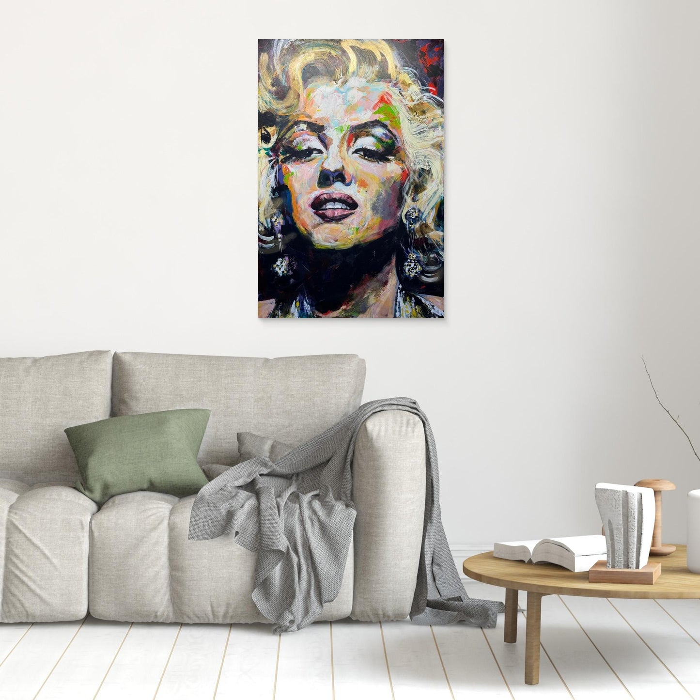 MARILYN MONROE 1 canvas print hanging above gray sofa