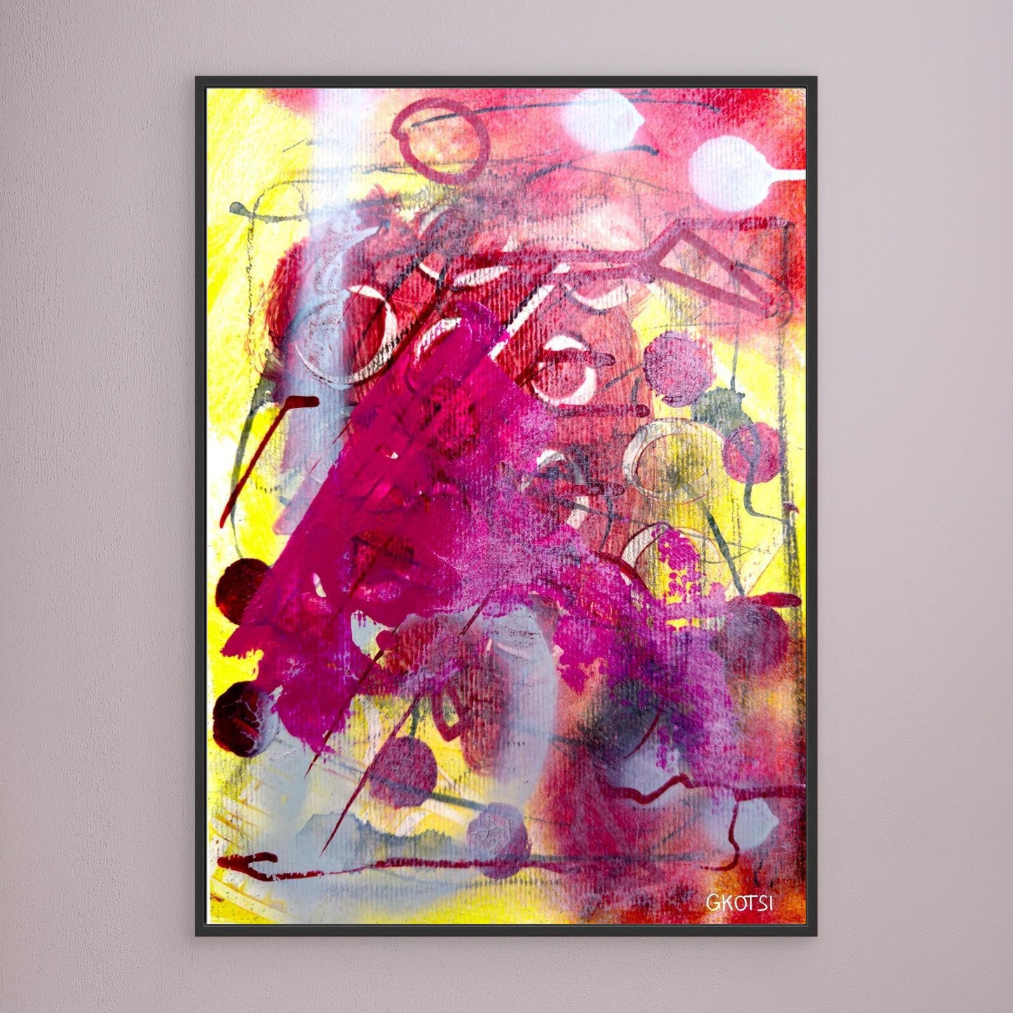 MORGENSTUNDE Abstract Canvas Print with black frame displayed on modern gray wall