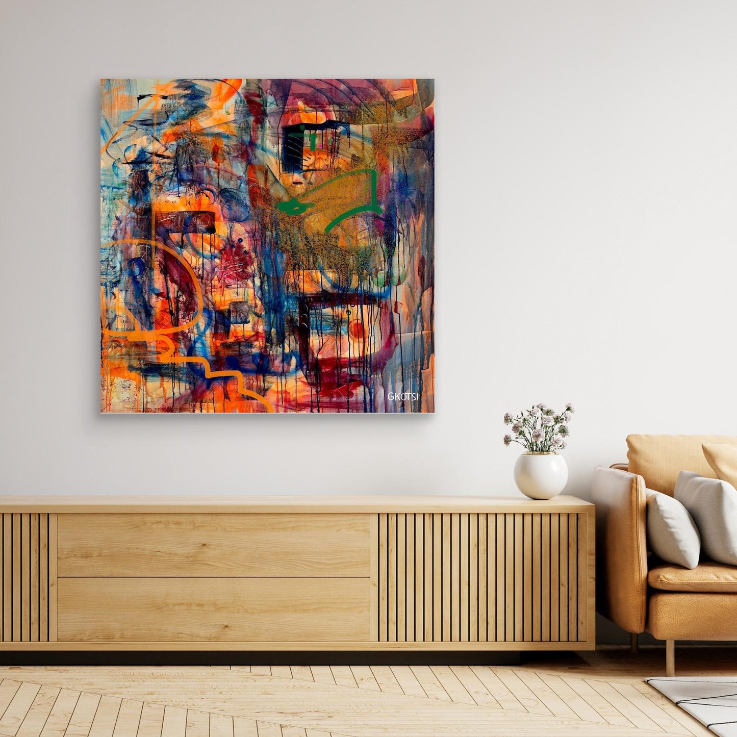 POWER Print above wooden dresser with decor - powerful minimalist design