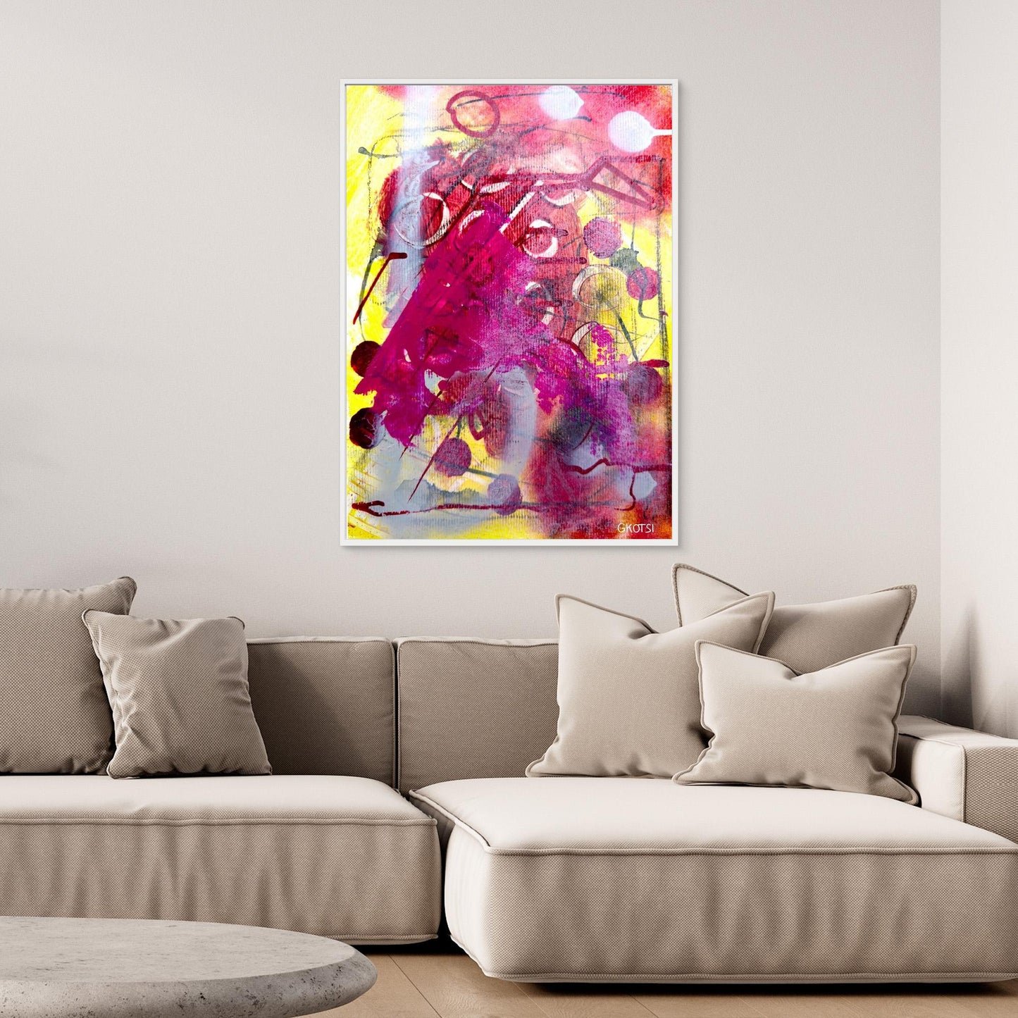 MORGENSTUNDE Abstract Canvas Print hanging above beige sofa in stylish interior setting