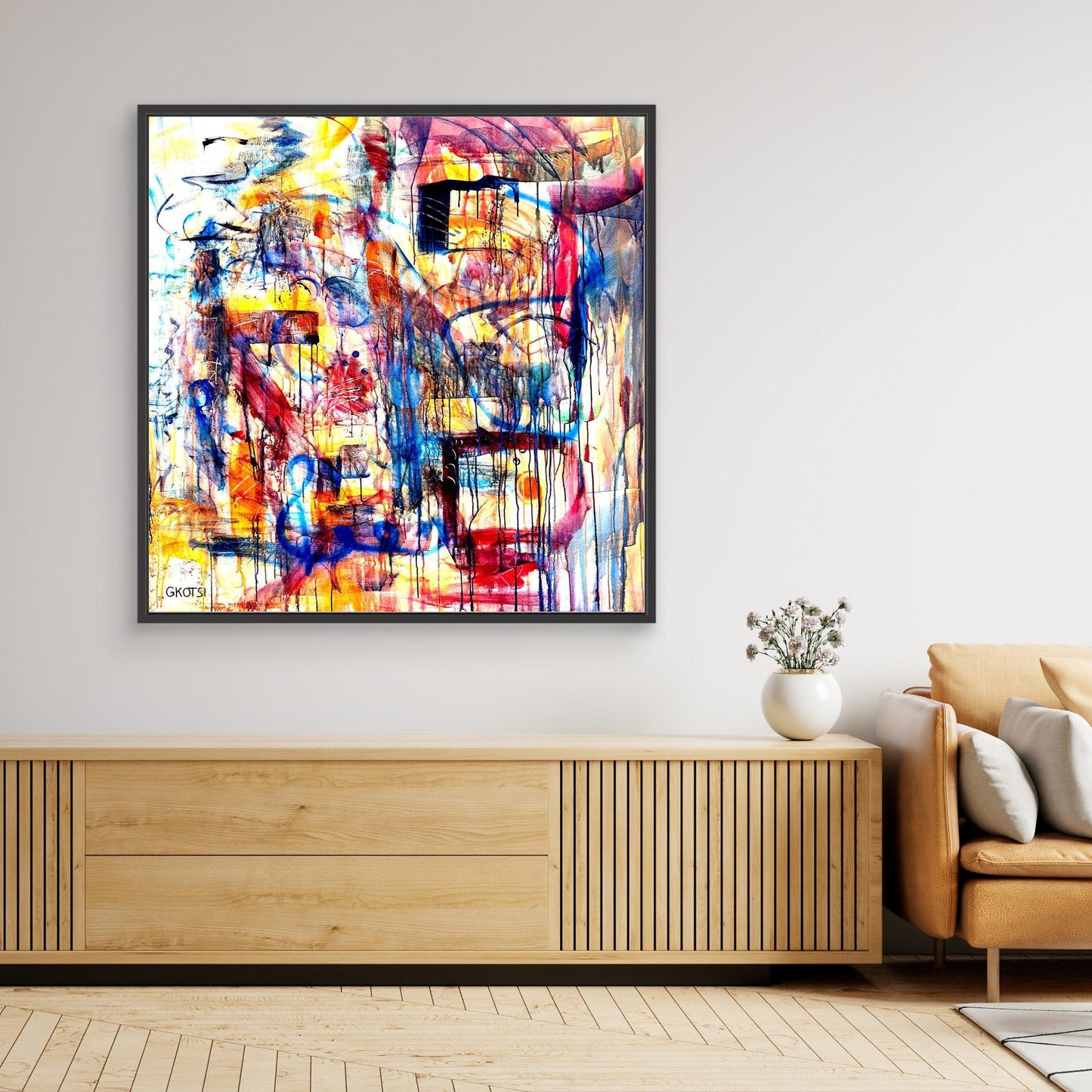 DISTRACTION Print above wooden sideboard with decor - fun minimalist design accent