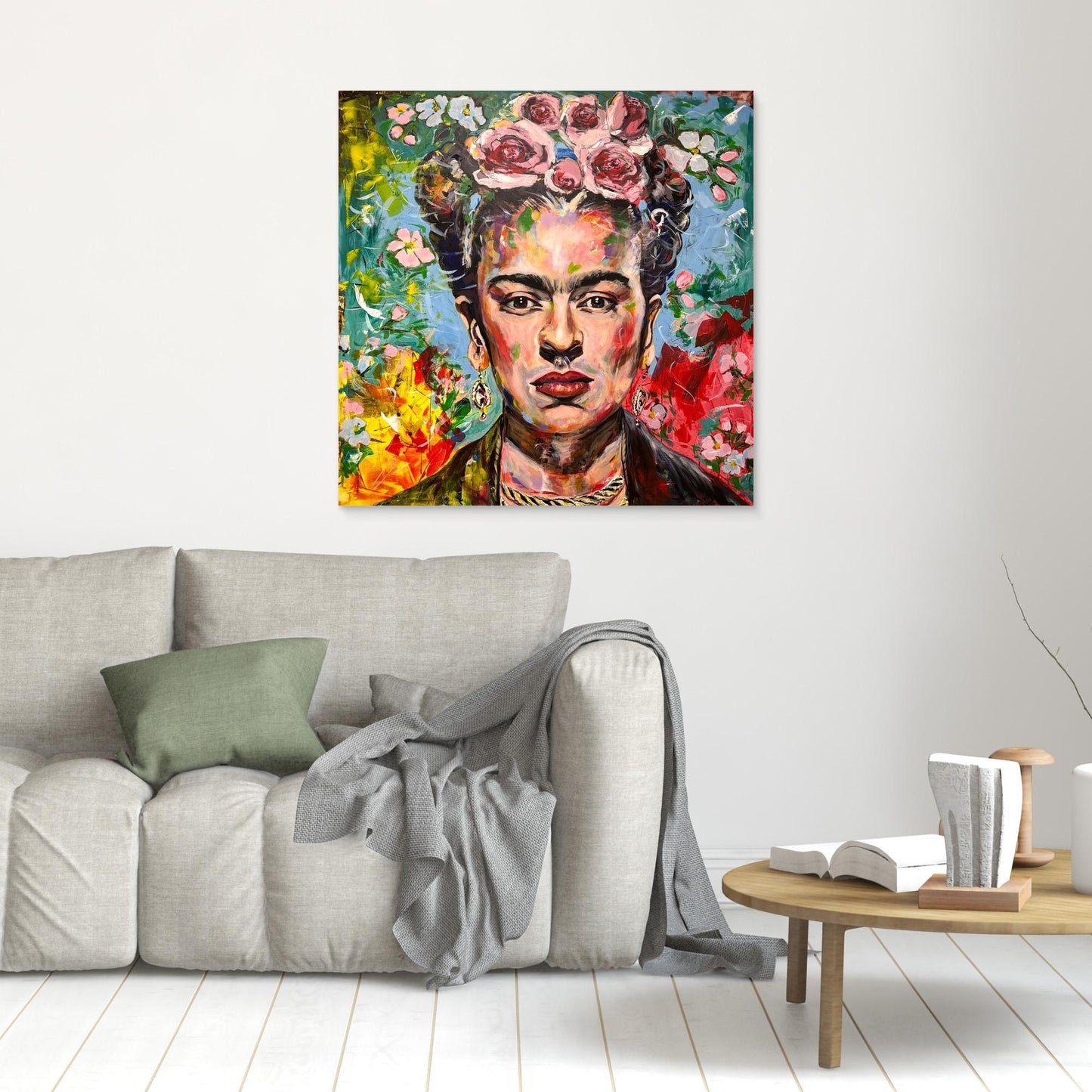 FRIDA KAHLO 1 Canvas Print artwork positioned above sofa creating focal point in modern living space