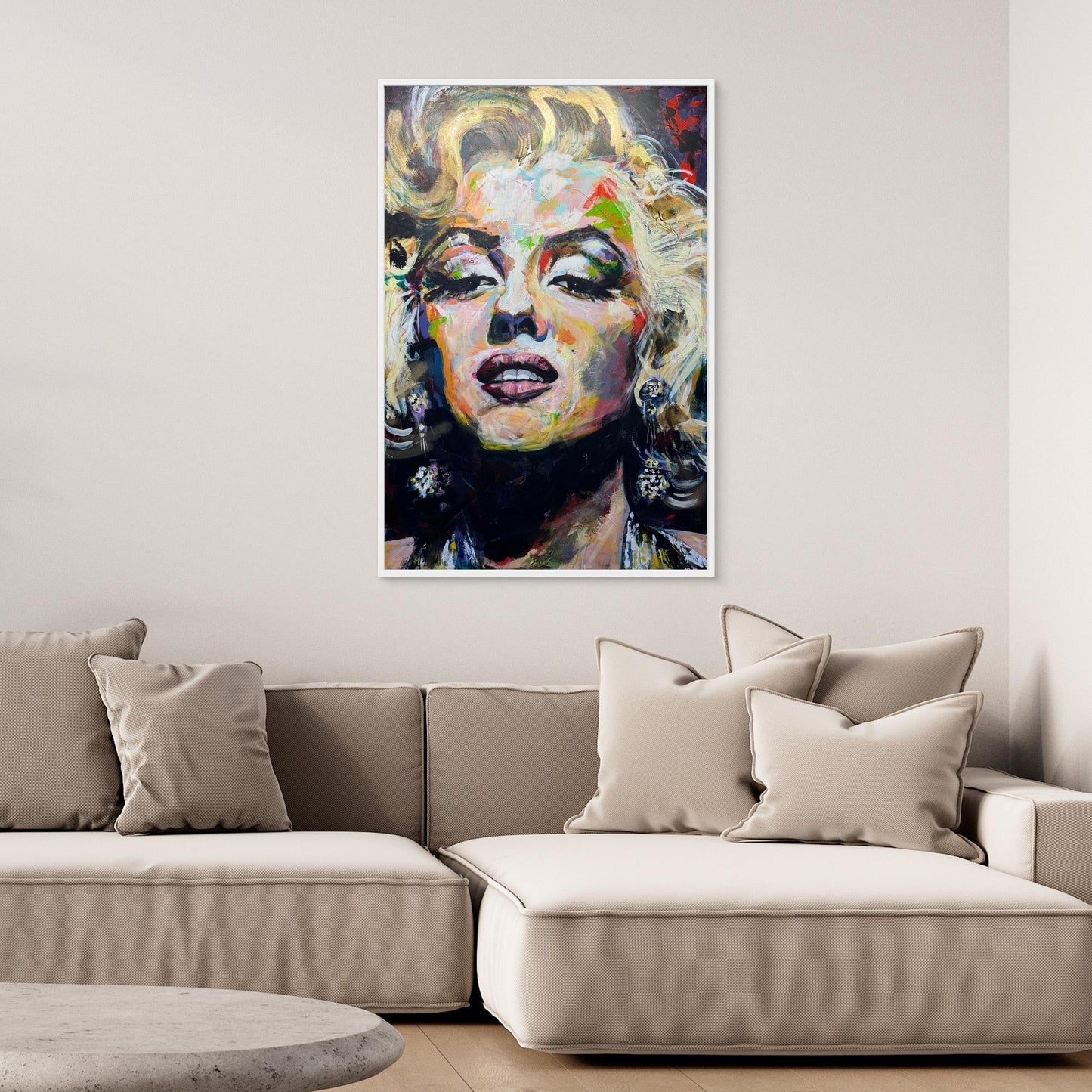 MARILYN MONROE 1 canvas print mounted above beige sofa in contemporary setting