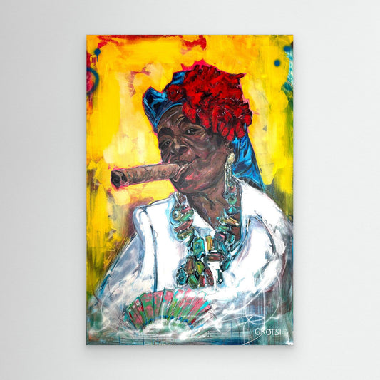 CUBAN WOMAN WITH CIGAR Canvas Print by Elena Gkotsi displayed on modern white wall