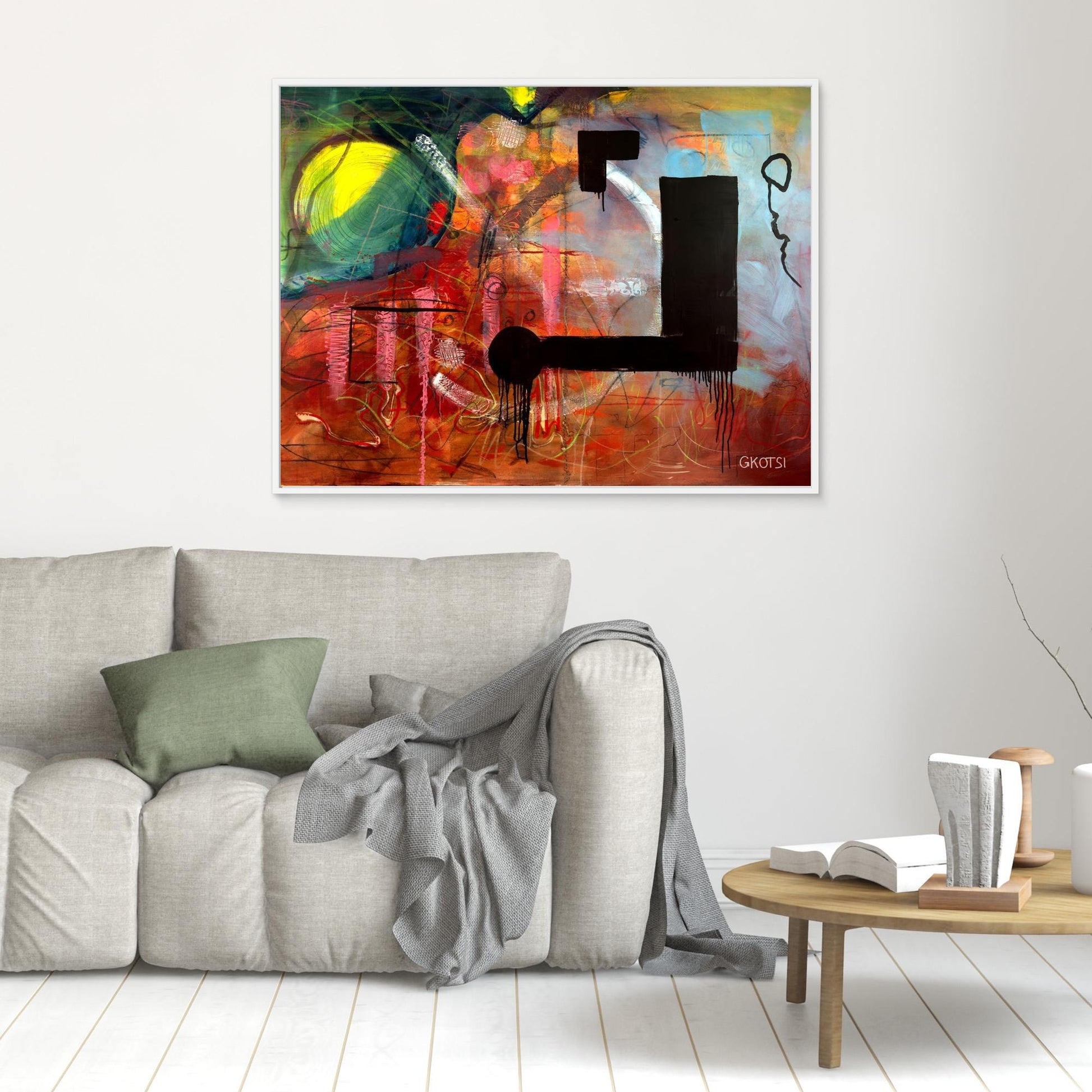 NOT ABOUT Abstract Canvas Print artwork positioned above sofa creating bold focal point in modern living space