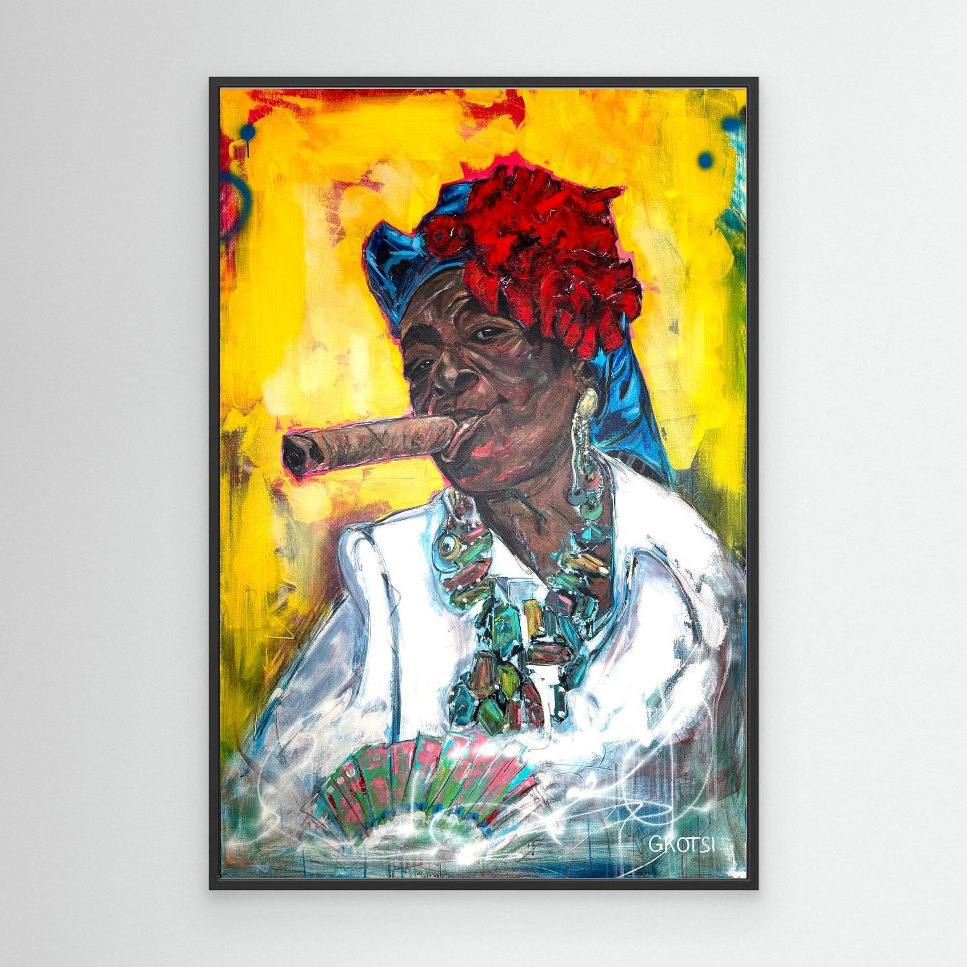 CUBAN WOMAN WITH CIGAR Canvas Print by Elena Gkotsi with black frame displayed on modern wall 