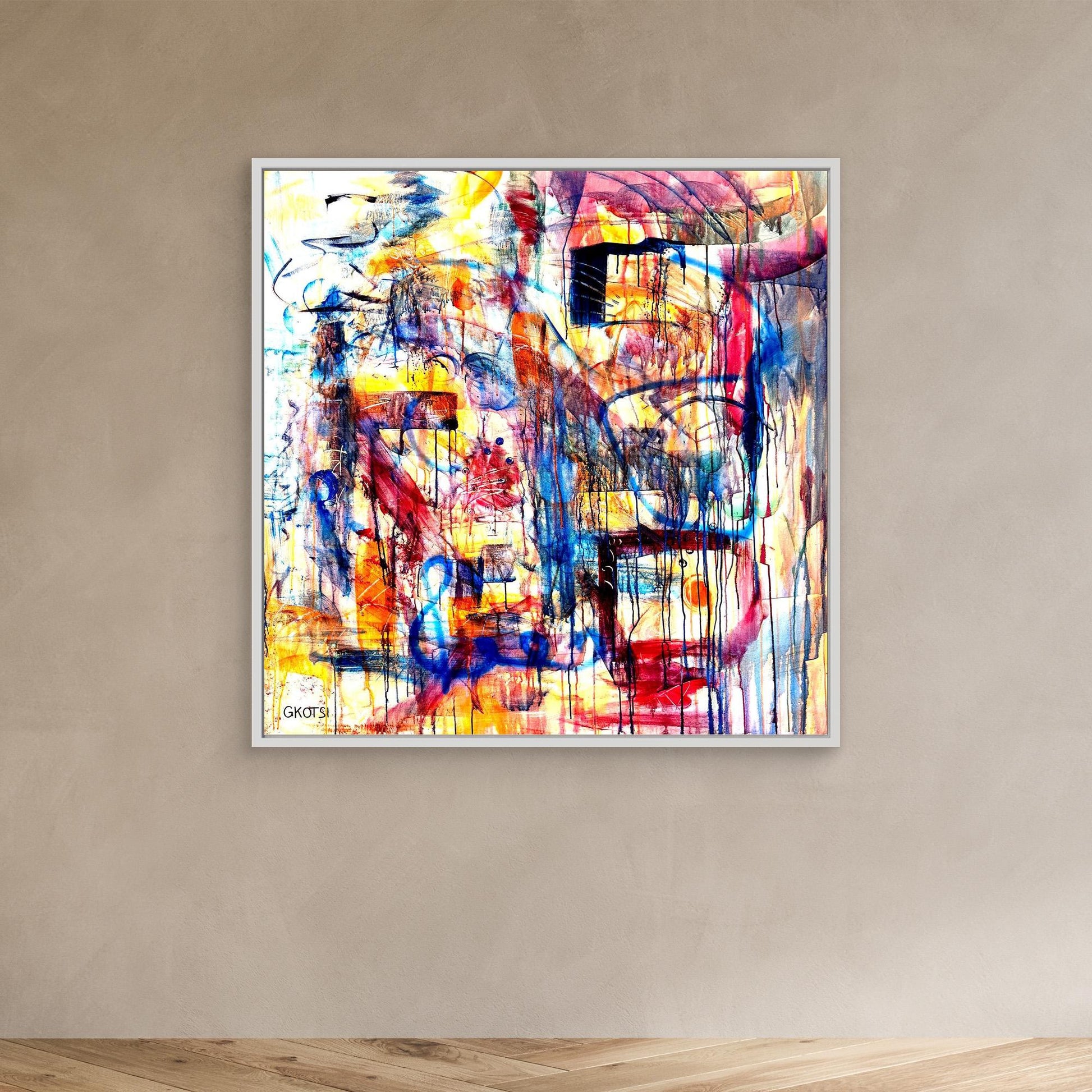 DISTRACTION Print with white frame creating vibrant atmosphere - dynamic room ambience