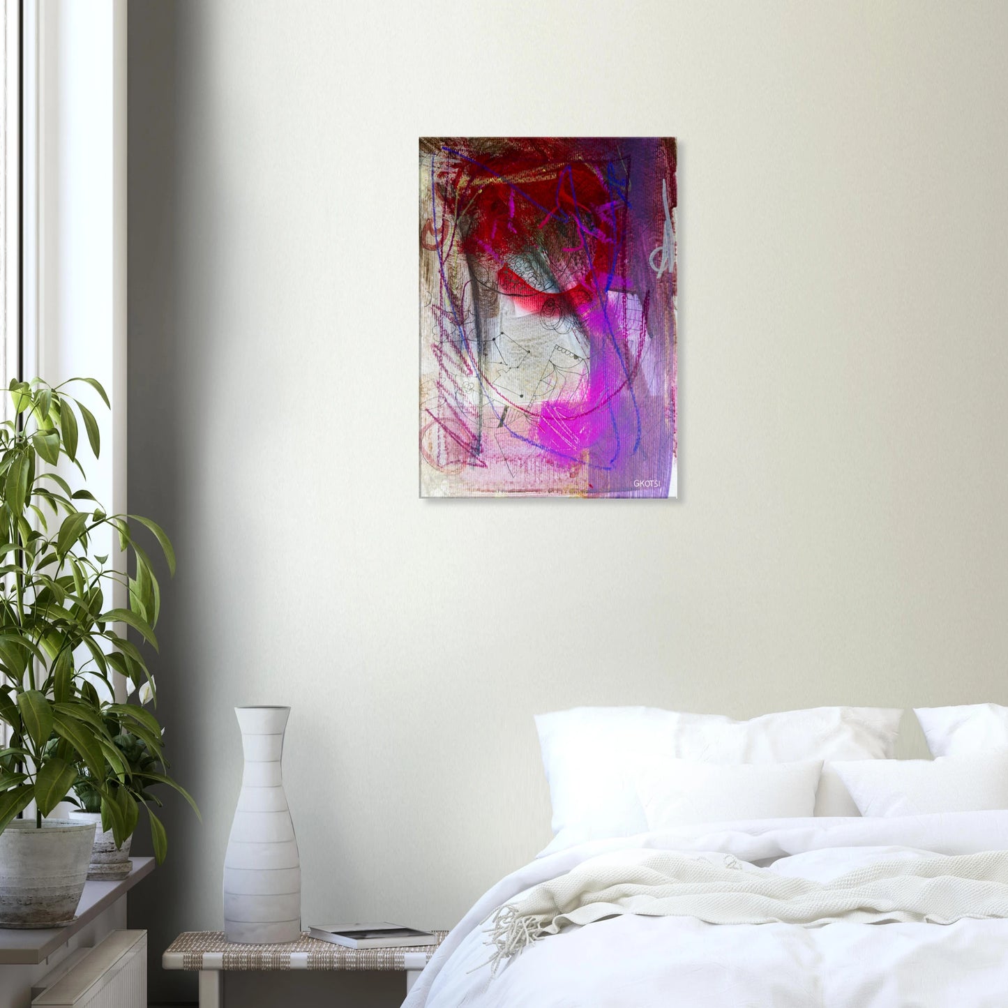 GROOVY canvas in bedroom with small plant