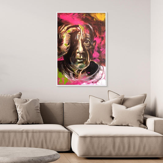 PABLO PICASSO canvas print mounted above beige sofa in contemporary setting