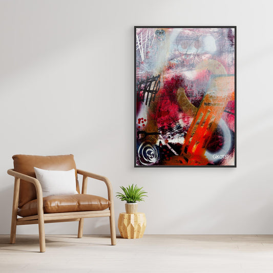 FEUER Abstract Canvas Print displayed above decorative plant and modern chair in minimalist interior