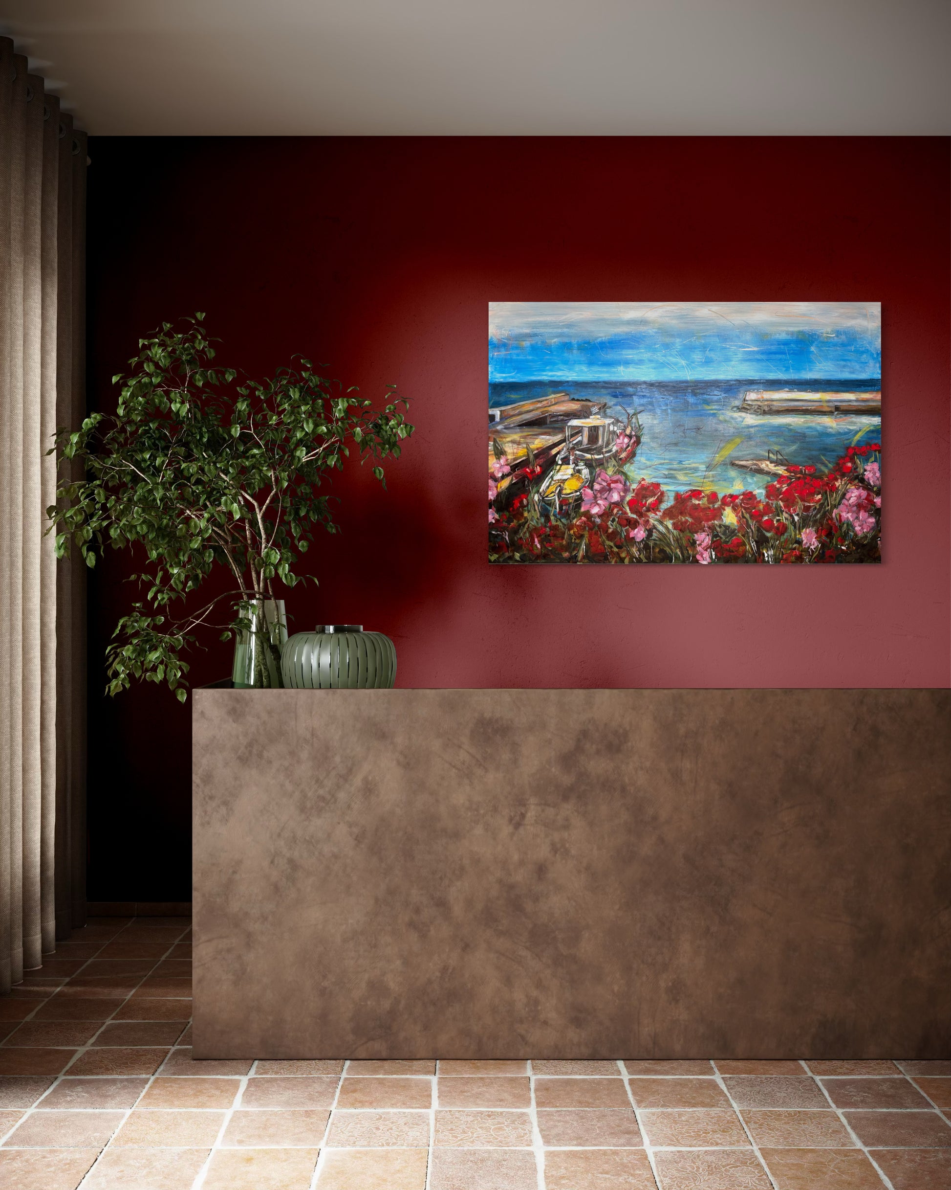 Agrili Summer Greece Original Painting above reception with red wall