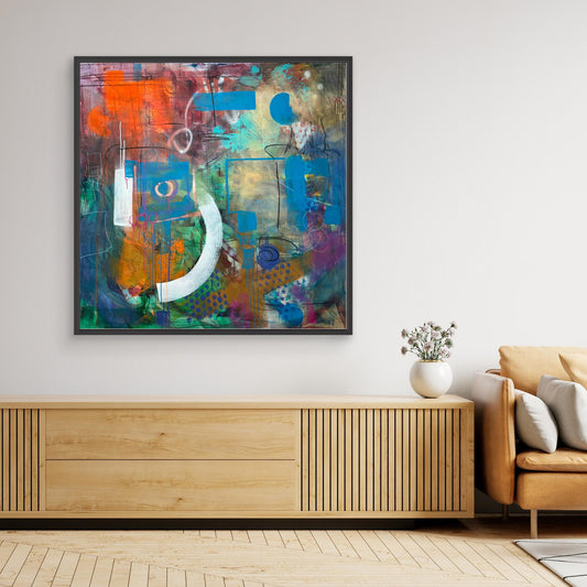 ALWAYS HERE abstract canvas print with black frame above wooden dresser