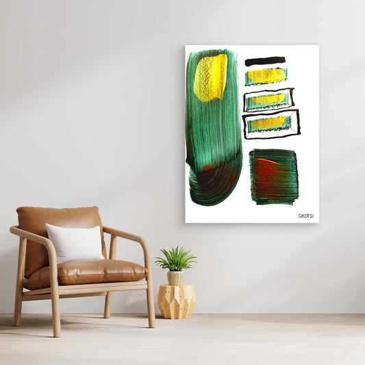 AUF WIEDERSEHEN canvas above wooden chair with small plant