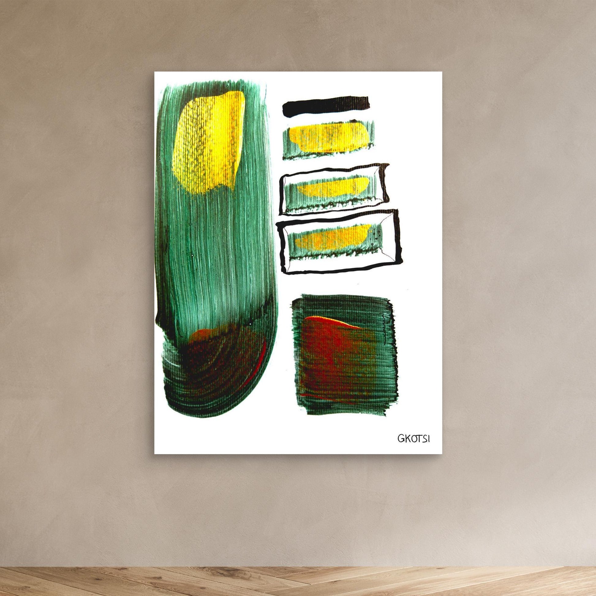 AUF WIEDERSEHEN canvas on light brown wall above wooden floor