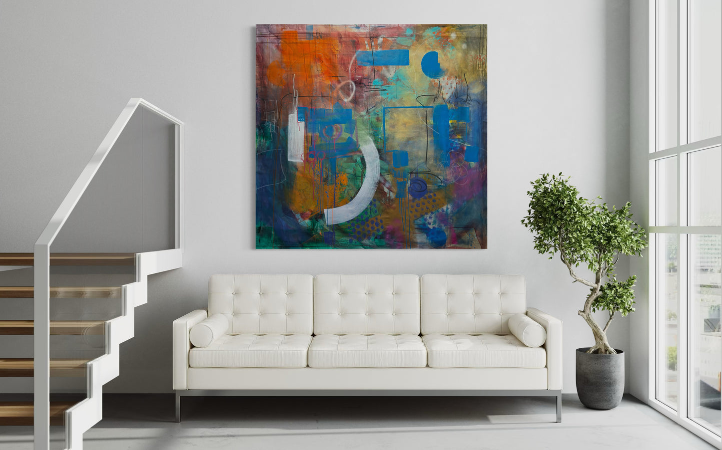 Always Here Abstract Original Painting above elegant leather three seater couch