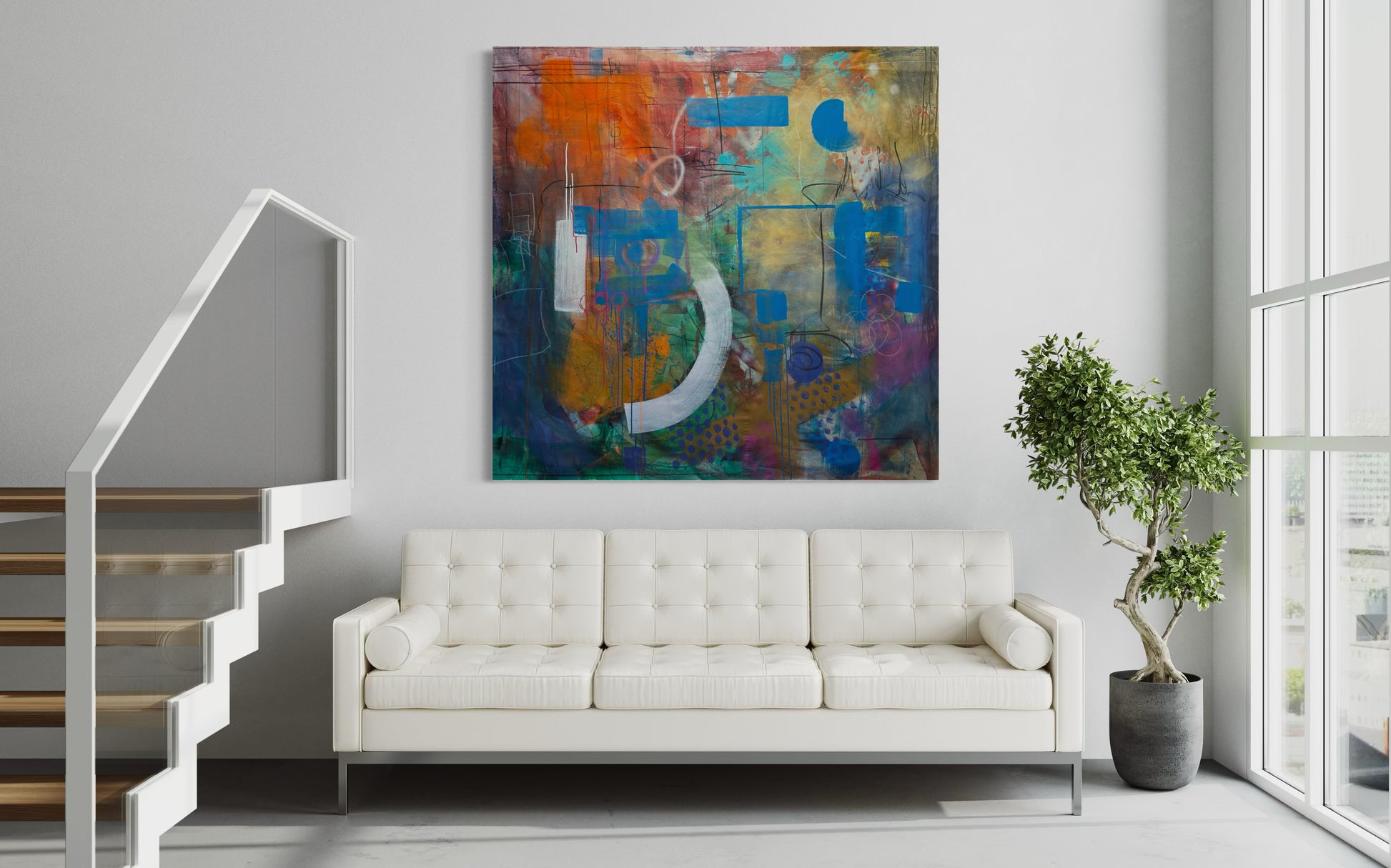 Always Here Abstract Original Painting above elegant leather three seater couch