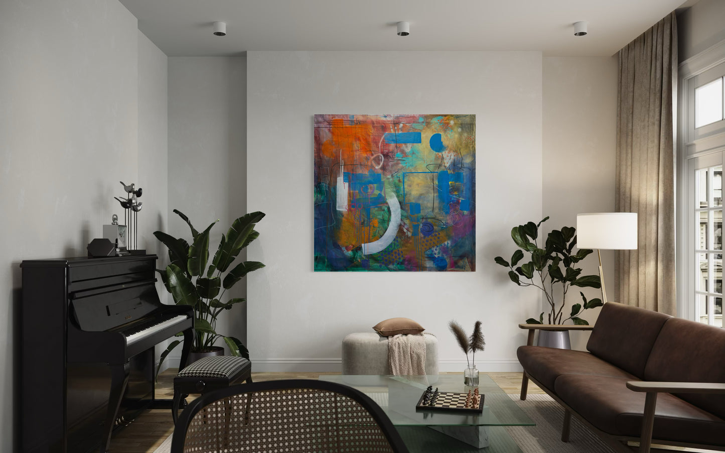 Always Here Abstract Original Painting in room with piano