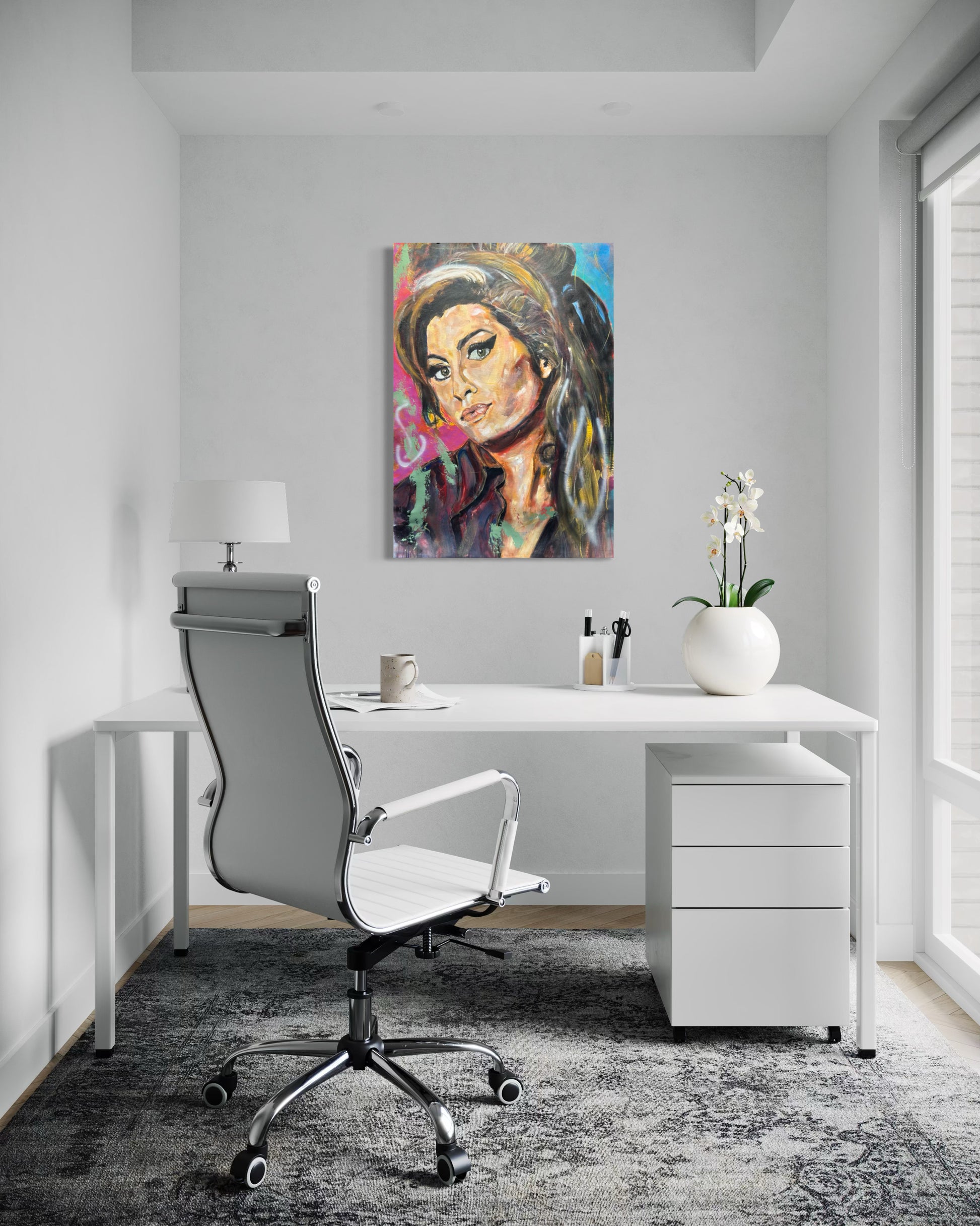 Amy Winehouse portrait in elegant white office - professional wallart