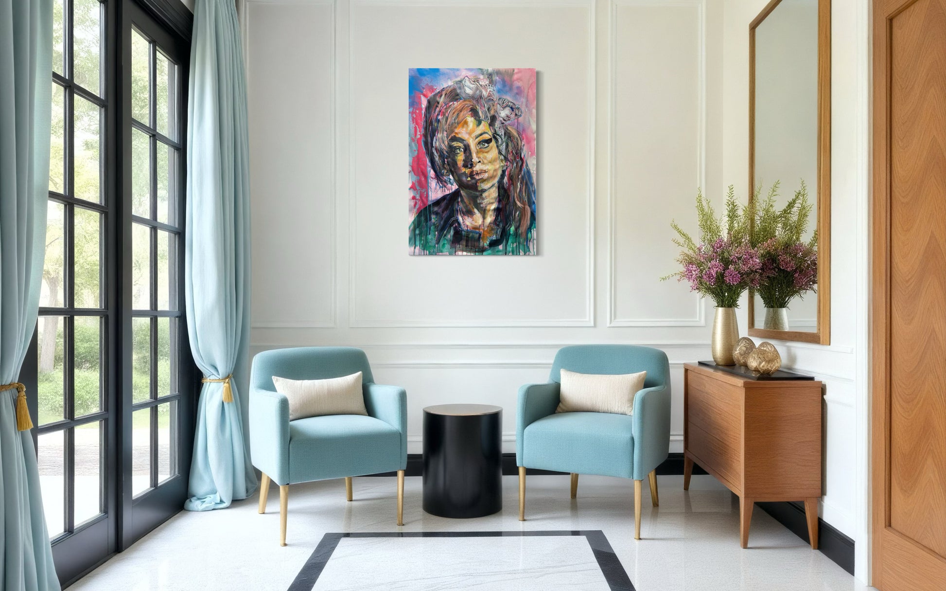 Amy Winehouse painting in traditional living room