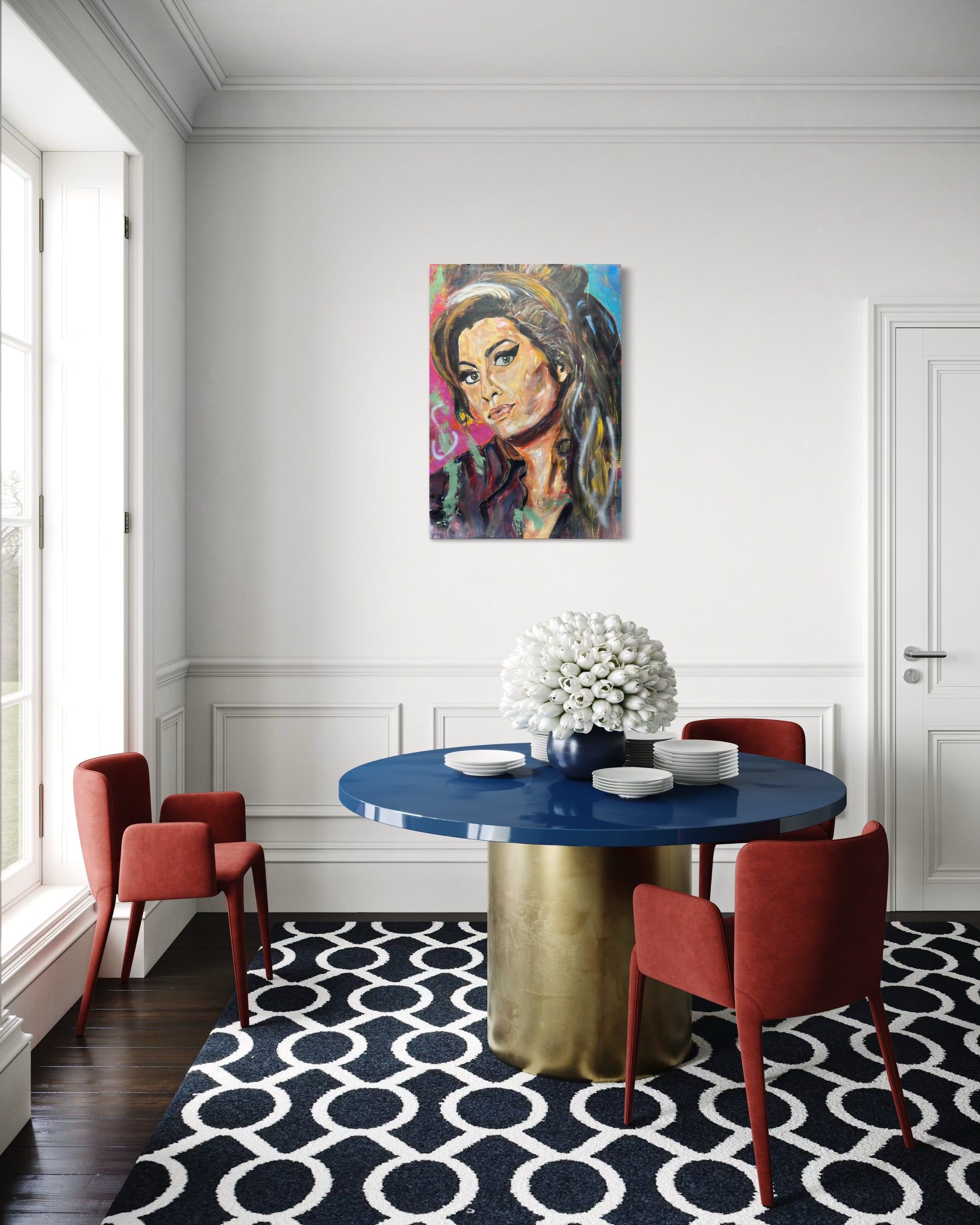 Amy Winehouse portrait above dining_ able with three chairs - modern dining space