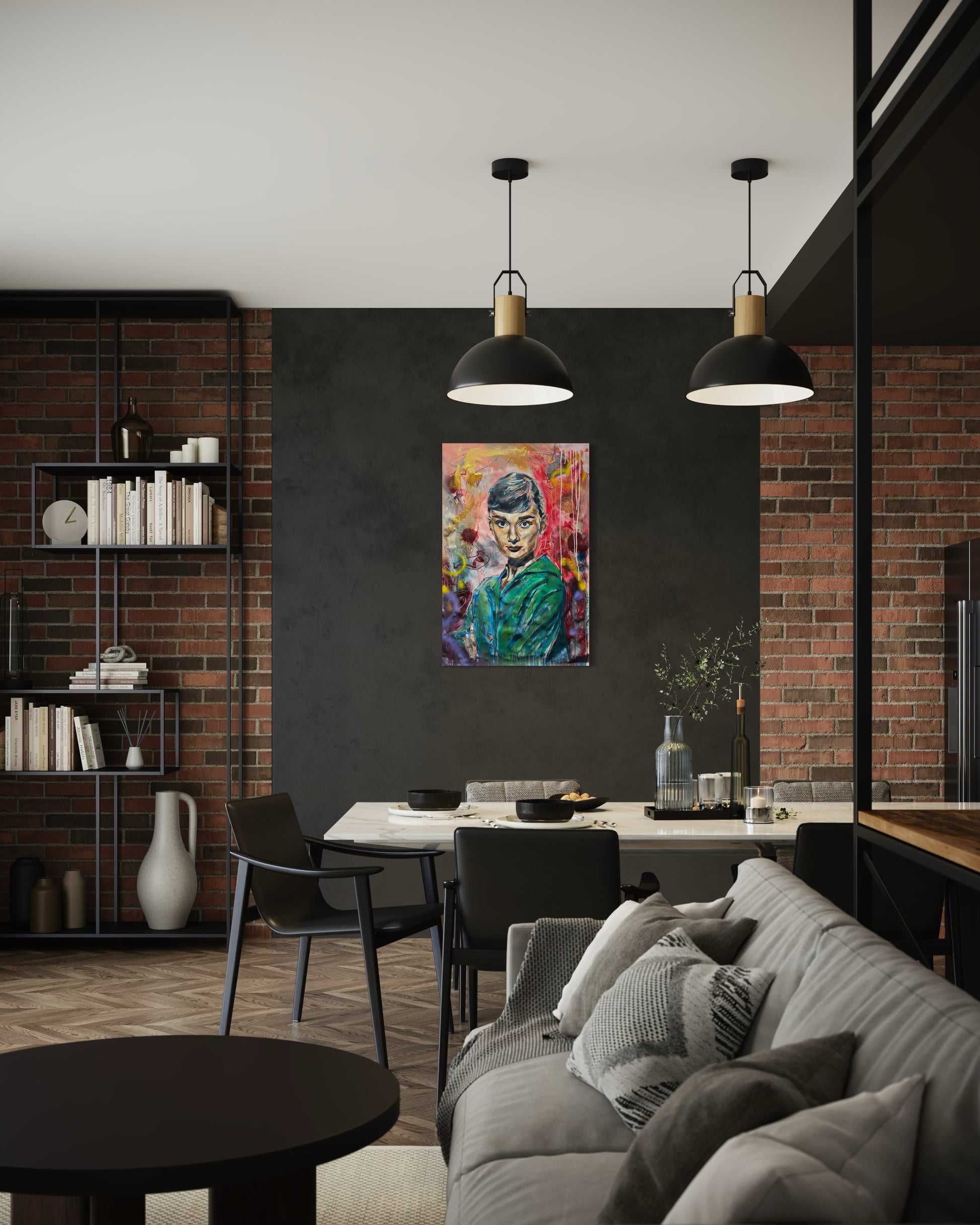 Audrey Hepburn painting in dining room on black wall