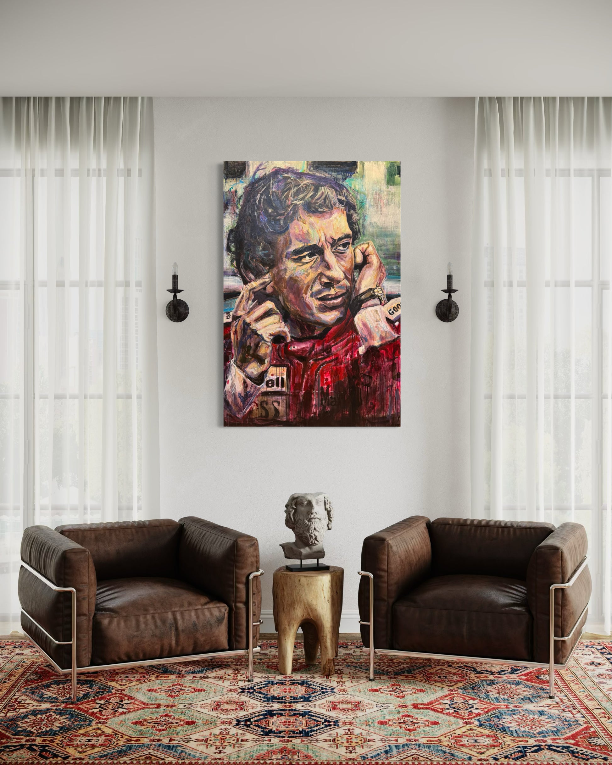 Ayrton Senna artwork between two leather armchairs