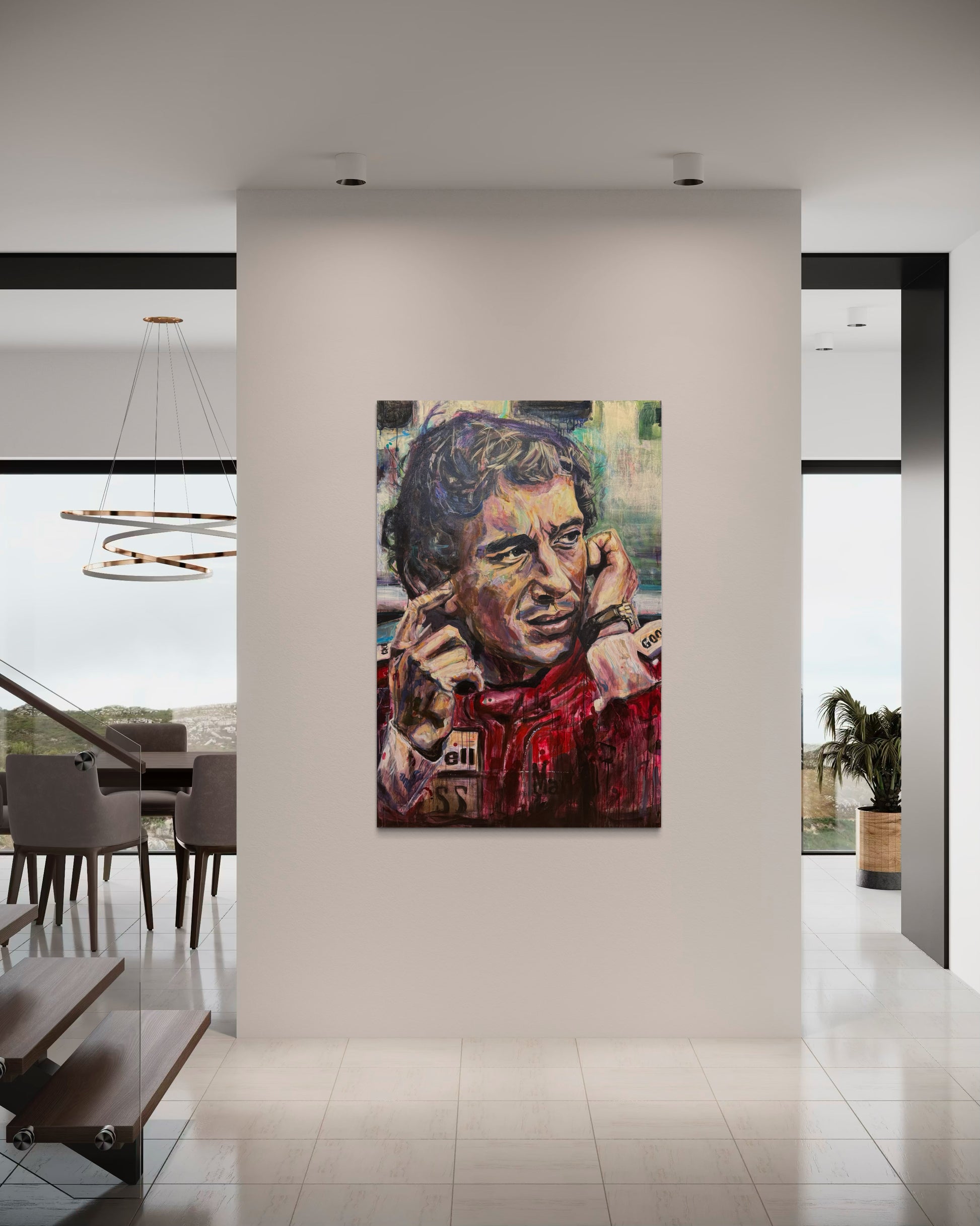 Ayrton Senna painting in modern living room