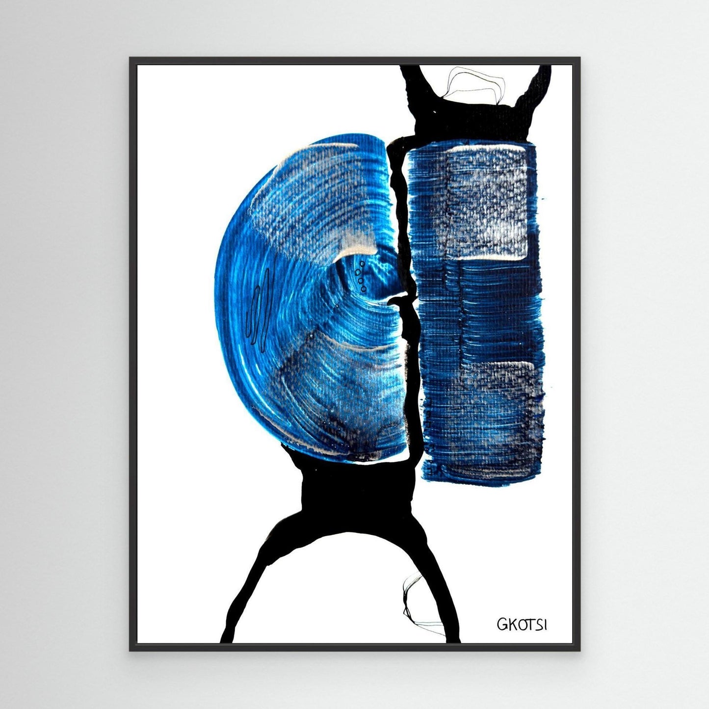 BALANCE abstract canvas print with black frame on grey wall - modern art detail view