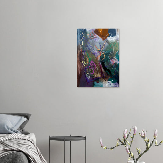 BLOOMY canvas print above bed with flower vase in bedroom