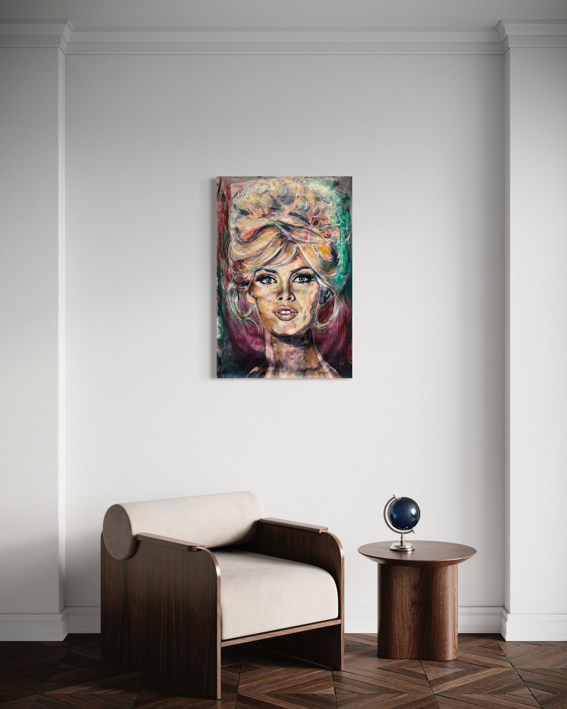 Brigitte Bardot artwork above chair-sofa in waiting room