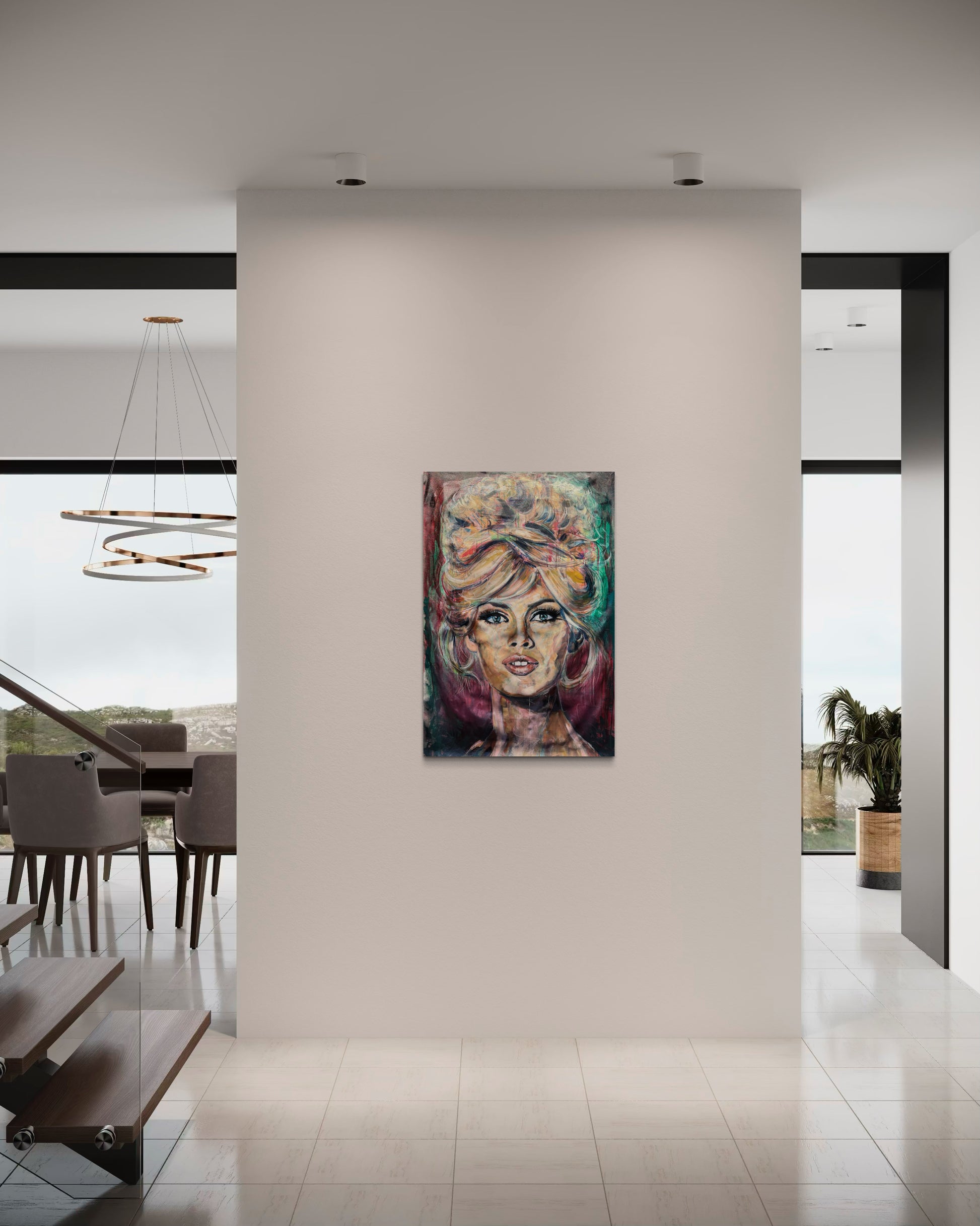 Brigitte Bardot painting in front of modern living room on wall