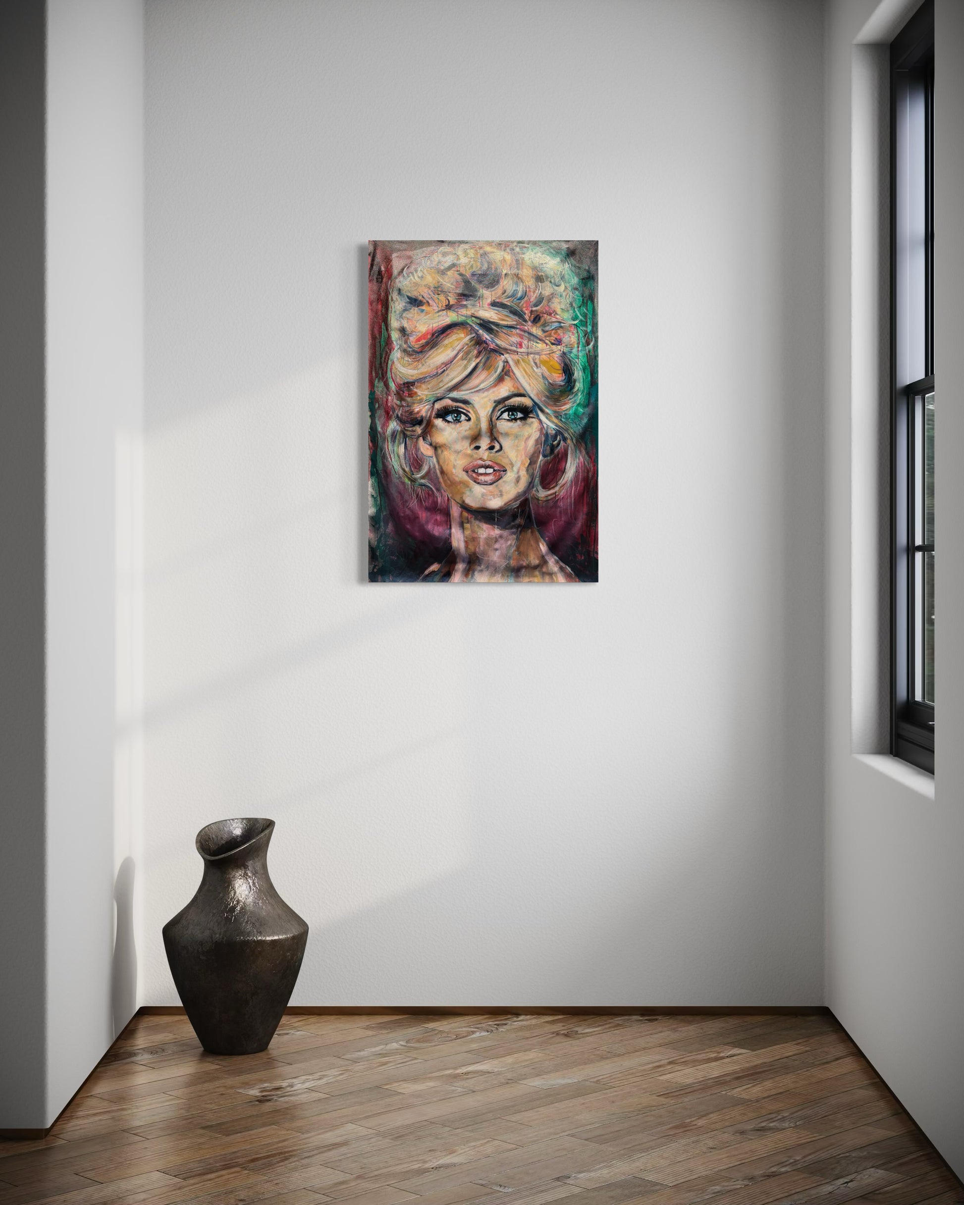 Brigitte Bardot painting next to window with elegant vase