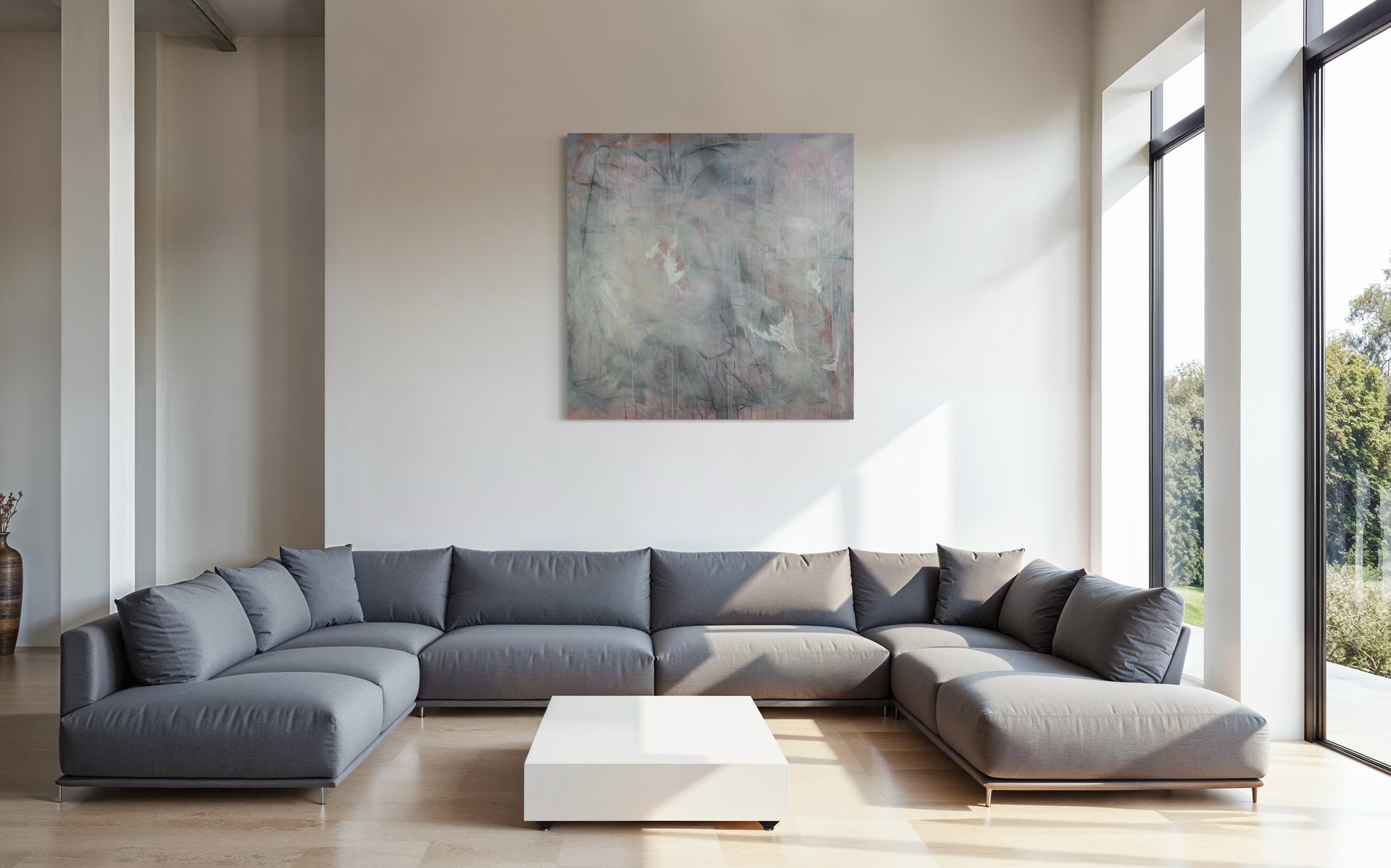 Calm Abstract Original Painting in luxury living room with giant couch