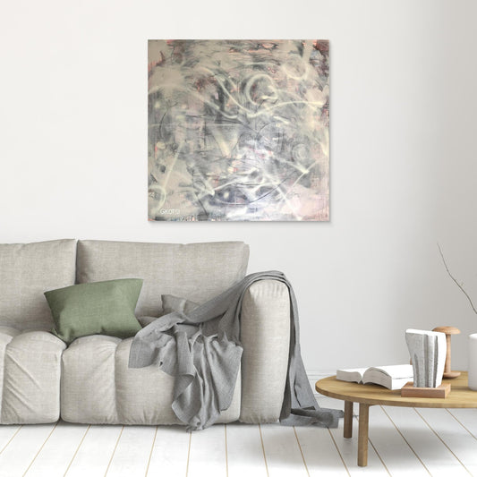 CONNECT Print as unifying focal point above gray sofa - harmonious wall decoration