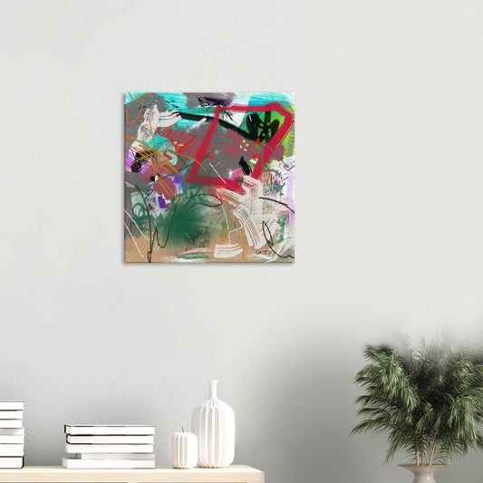 CRAZY SUNDAY Digital Canvas Print mounted above side table with green plant