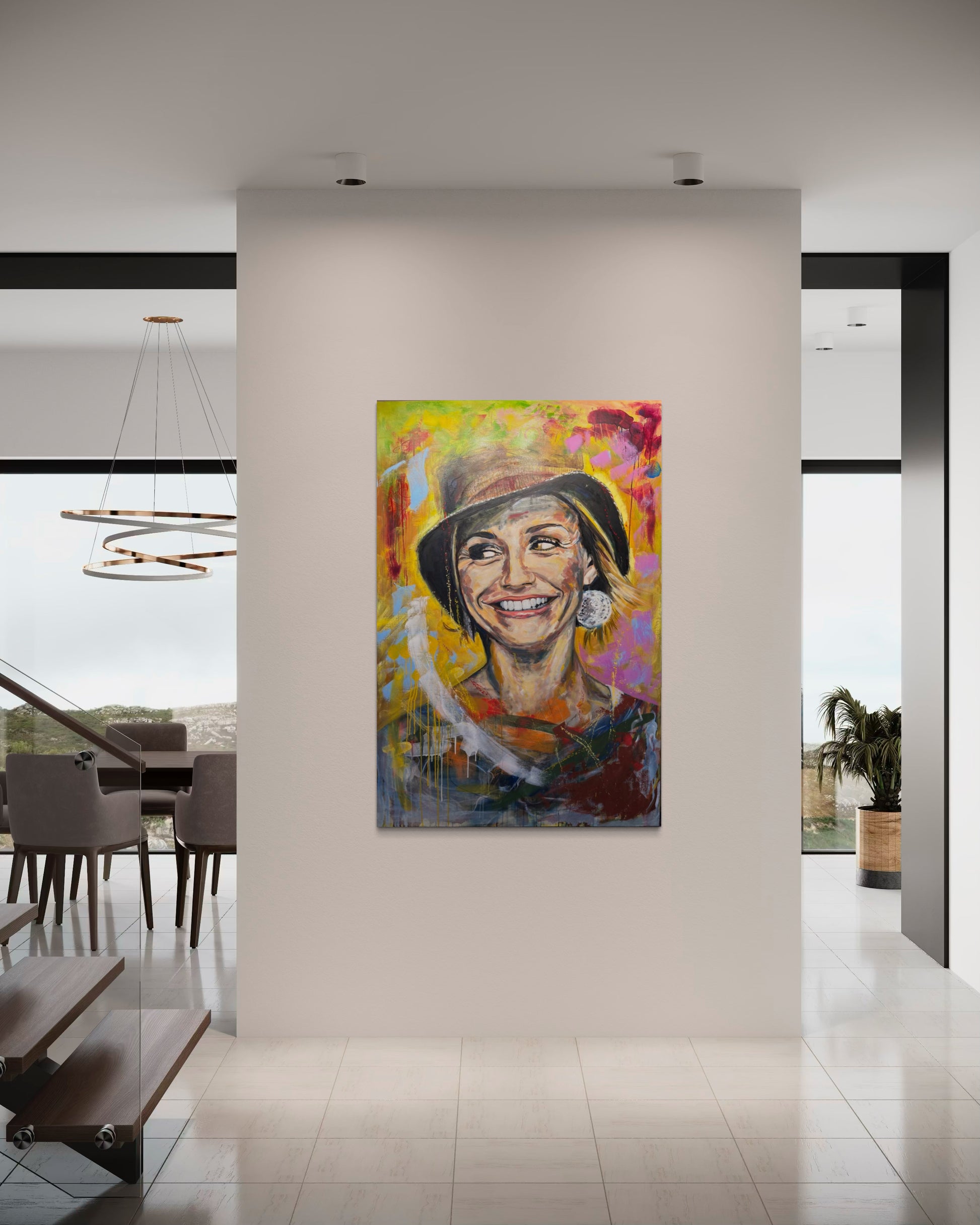 Cameron Diaz artwork in front of modern living room on wall