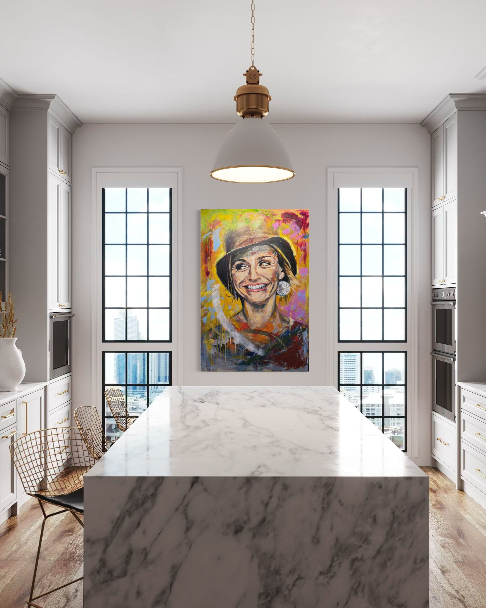 Cameron Diaz artwork in modern kitchen with 2 windows