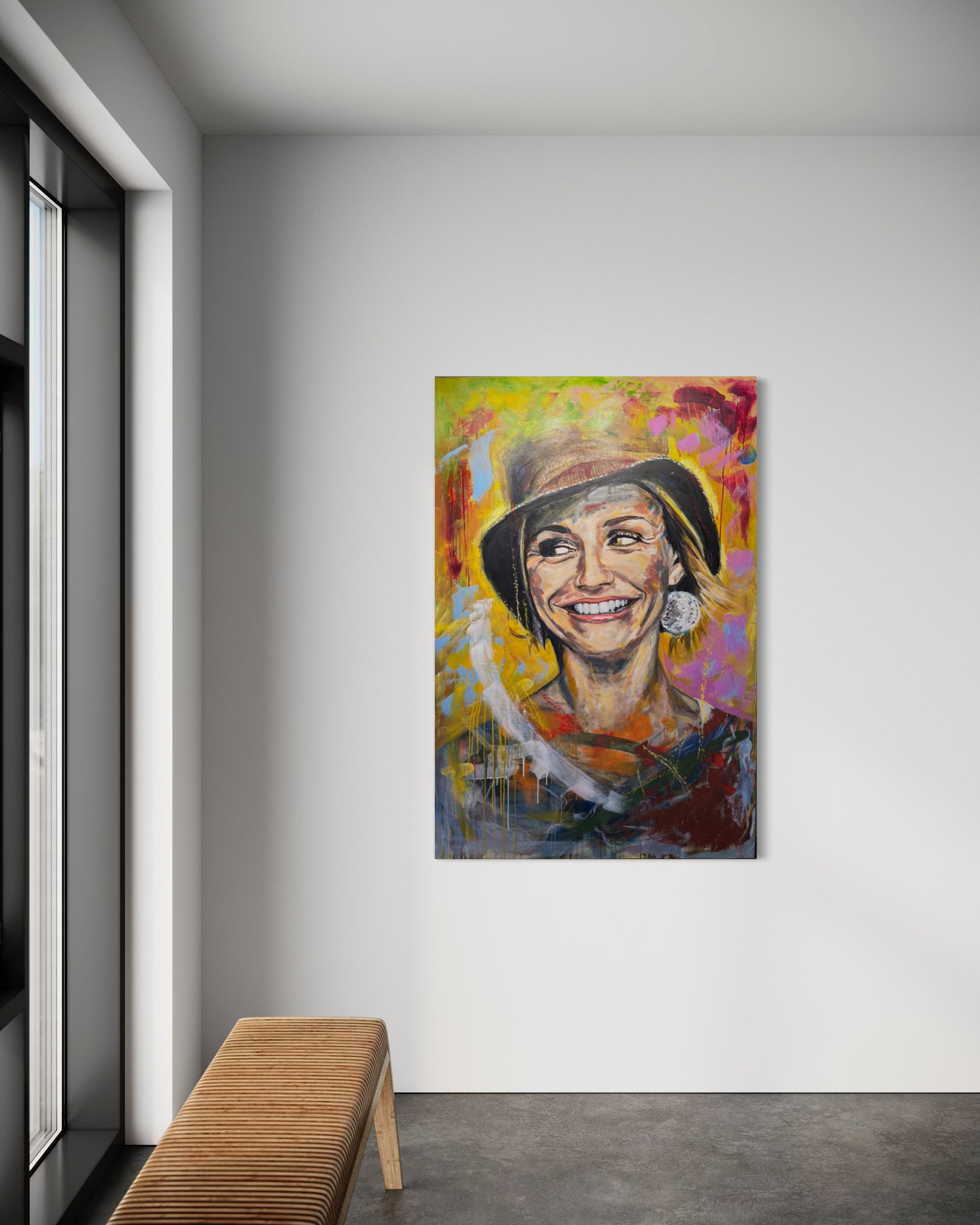 Cameron Diaz painting in room with bench